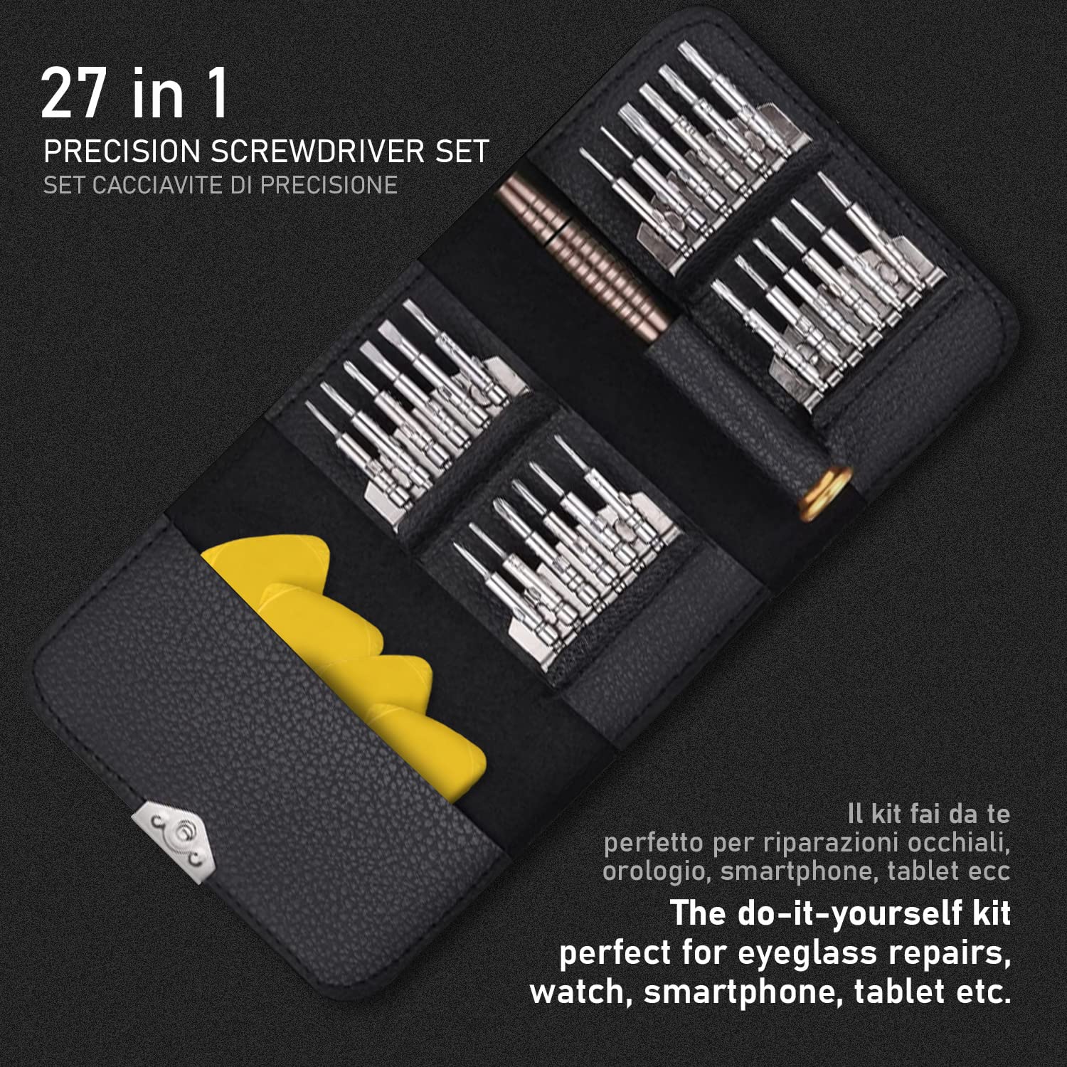 Set Mini Cacciaviti Precisione 29 in 1 Professionale, Kit riparazioni smontaggio per Occhiali, Orologio, iPhone, iPad, Smartphone, PC,Laptop, Tablet,Elettronica, 4 leve gratis
