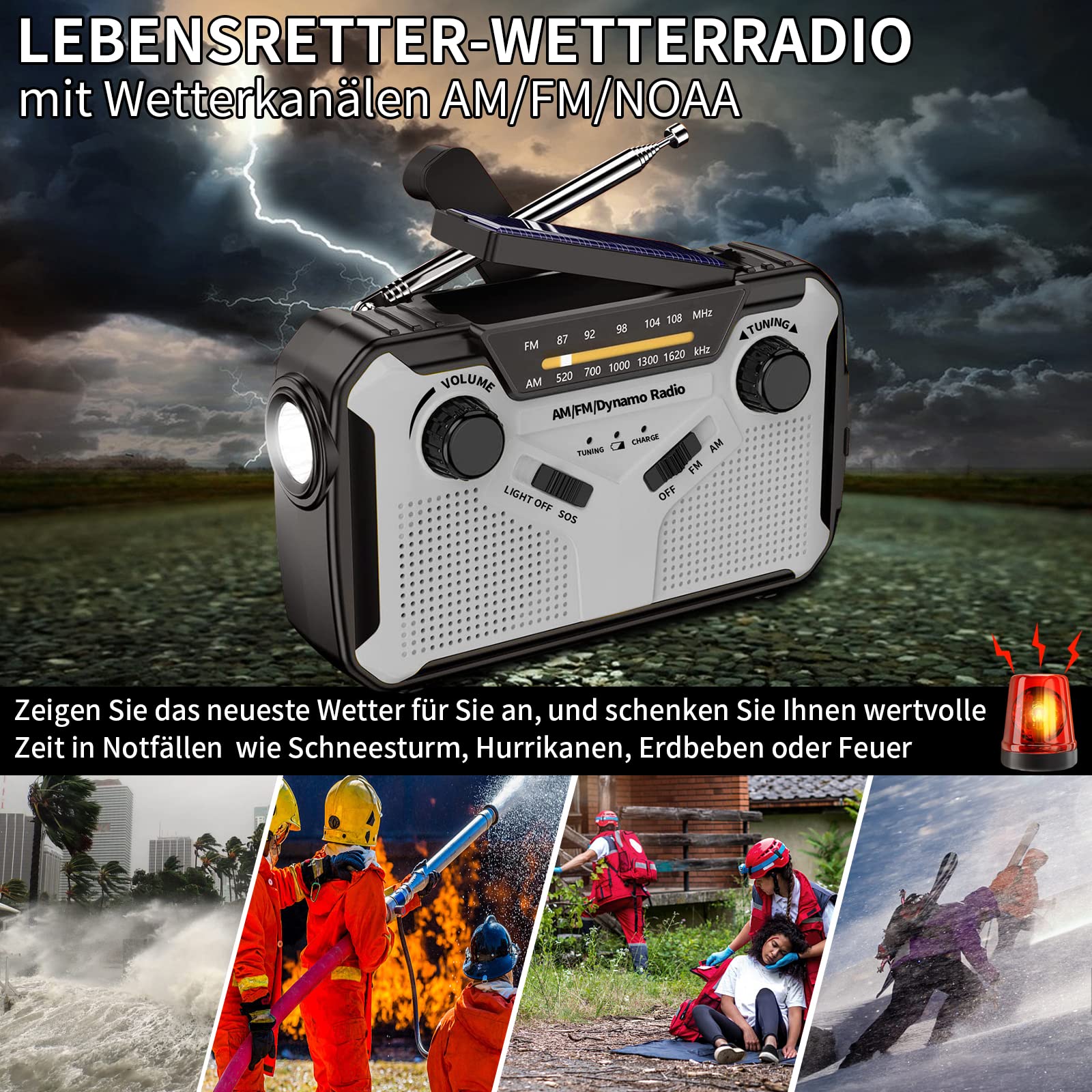 Solar Radio, AM/FM Tragbar Kurbelradio Dynamo Notfallradio mit 4000mAh Wiederaufladbare Batterie, Led Taschenlampe, SOS-Alarm für Camping, Ourdoor, Notfall (Grey)