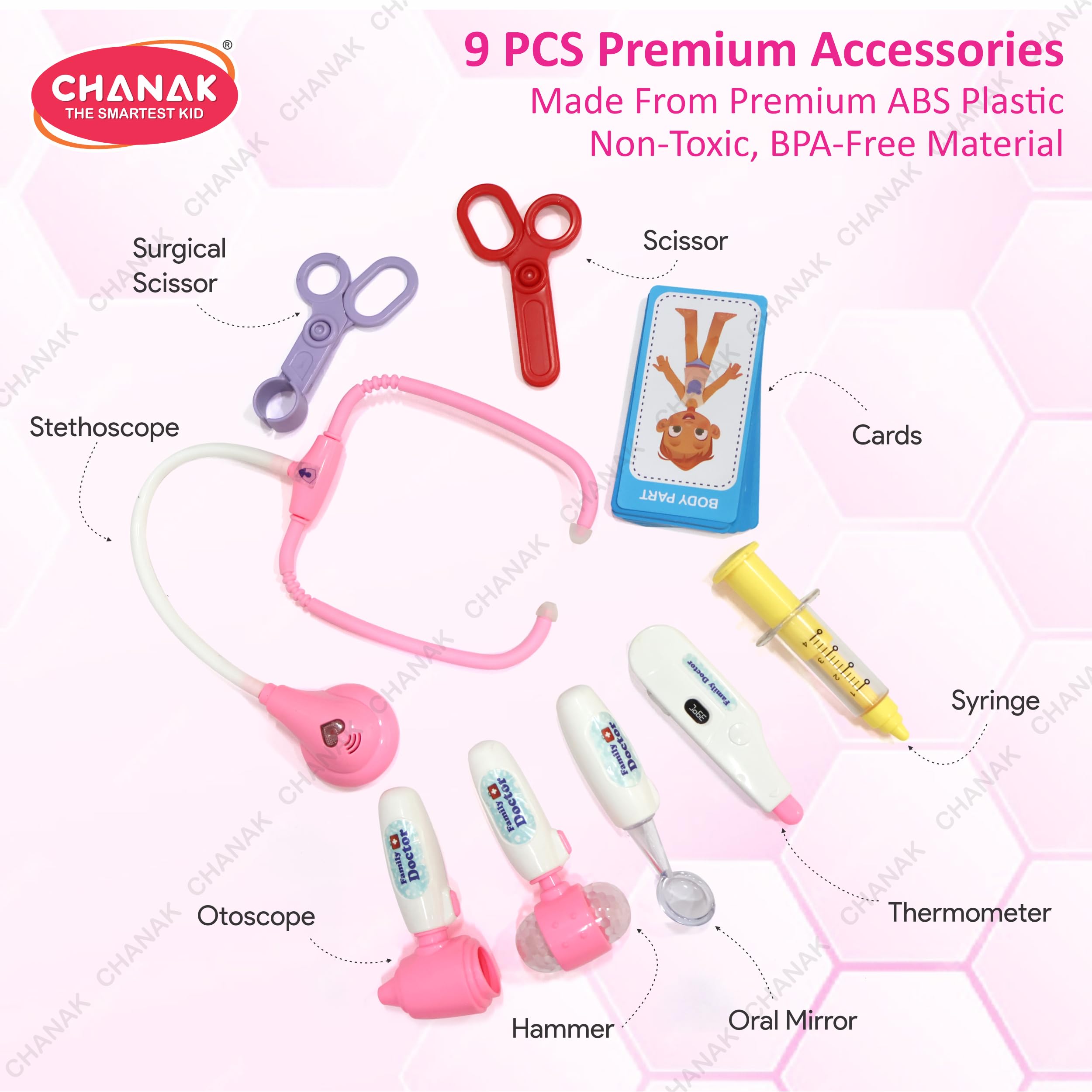 Chanak Premium Doctor Briefcase for Kids with LED Light Instruments - Pretend Play Set for Above 3 Years - 9 Piece Kit for Boys & Girls (Transparent Pink)