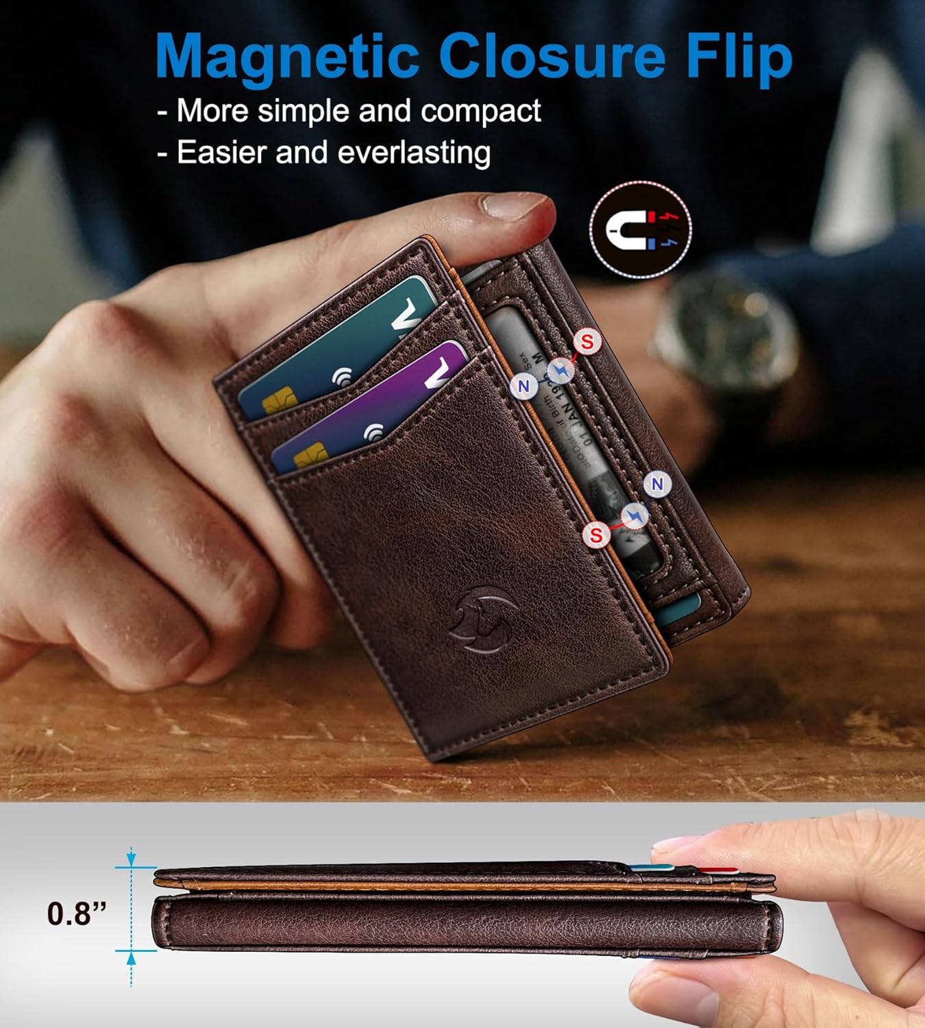 Trifold Leather Wallet for Men,with Cash Pocket 2 ID Window 14-16 Cards Magnetic Closure Slim Wallet 4.0"*3.1", RFID Blocking Front Pocket Wallet with Gift Box - Image 3