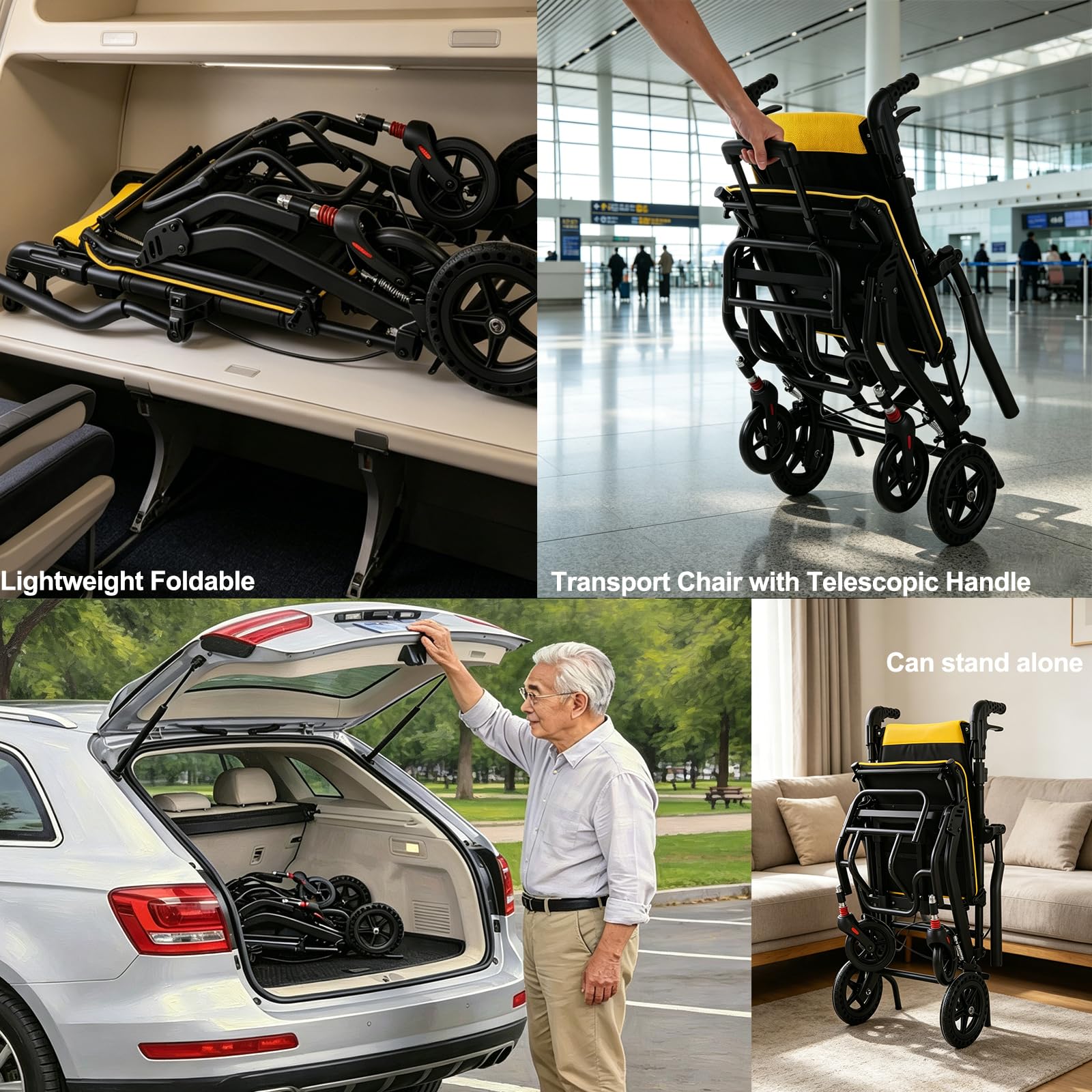Silla de ruedas plegable ligera 2026, respaldo ajustable, neumáticos de panal de abeja de, sillas de transporte con mango telescópico, reposapiés plegables y reposabrazos, hasta 100kg