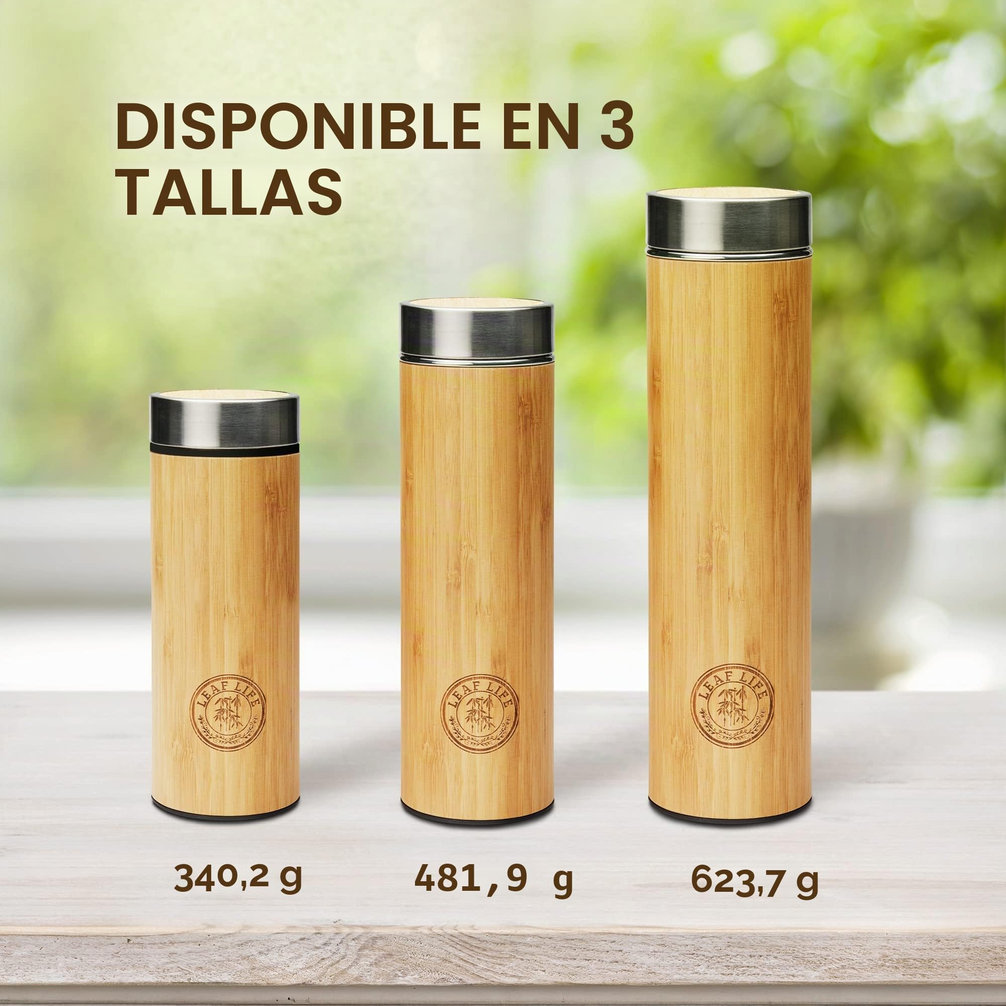 LeafLife Botella Térmica de Bambú con Colador e Infusor de Té 650 ml - Mantiene el Calor y el Frío Durante 12 Horas -Botella de Acero Inoxidable con Aislante al Vacío, Termo Café y Té en Hojas