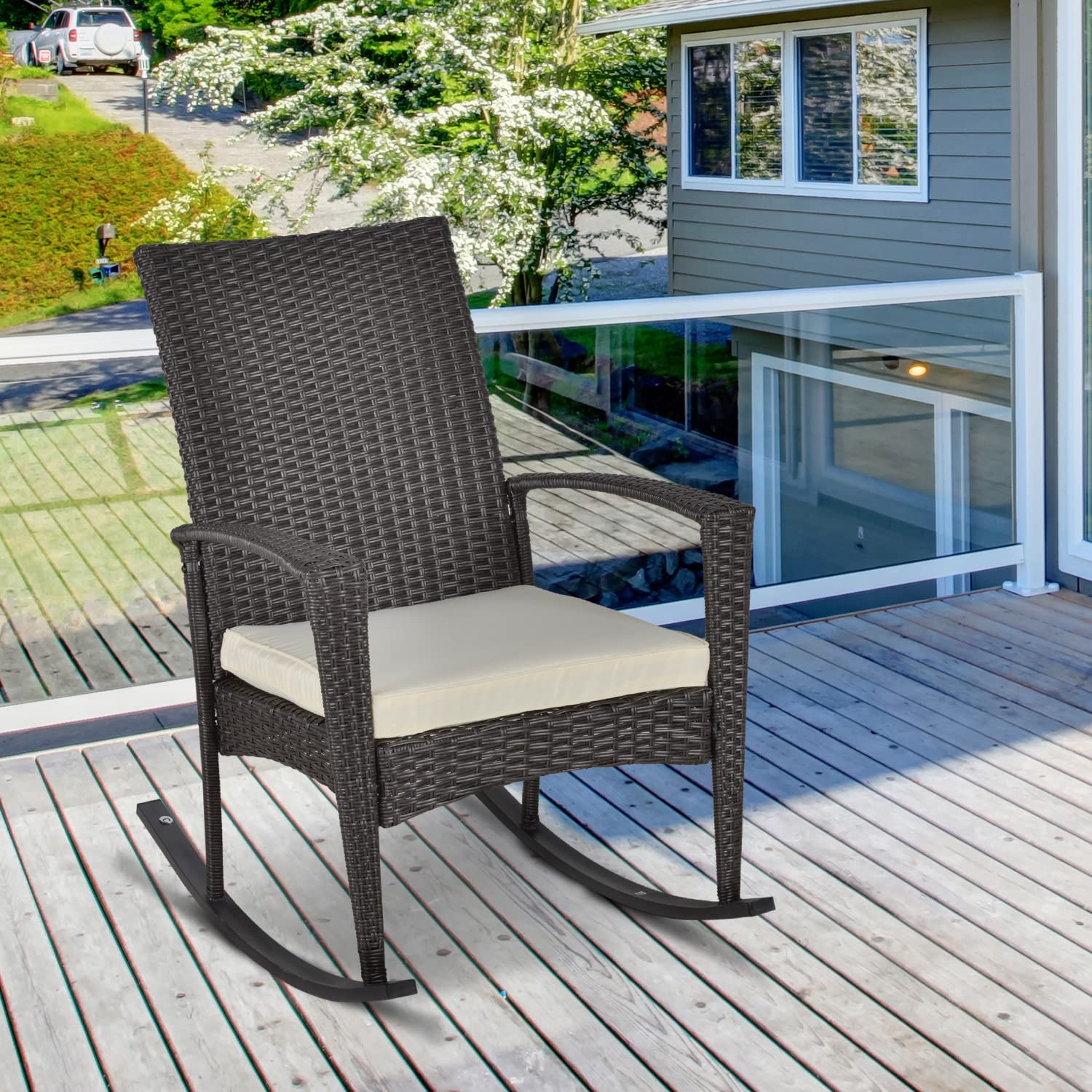 Outsunny Fauteuil à Bascule Rocking Chair avec Coussin d'assise déhoussable 66L x 88l x 98H cm résine tressée Imitation rotin Chocolat