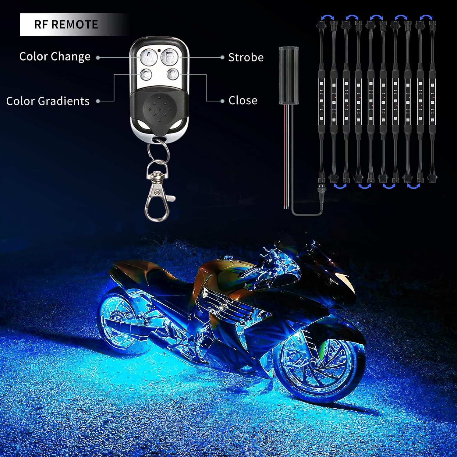 SUPAREE 10PCS Motorcycle Underglow LED Light Kits Multi-Color Control Motorcycle Atmosphere Light RGB Flexible Strips Ground Effect Light for Motorcycle