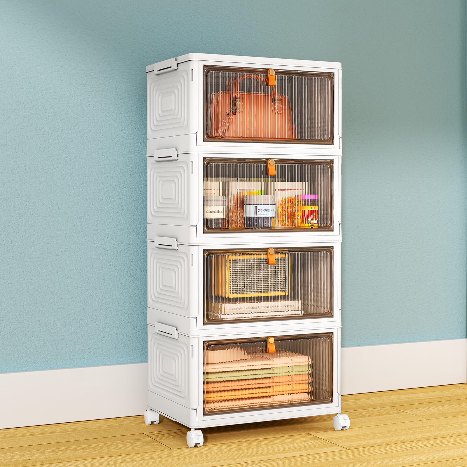 7 code 4 Tier Stackable Storage Bins with Lid, 23QT Storage Cabinet with Wheels, Foldable Storage Box, Closet Organizers and Storage, Plastic Storage Containers for Home,Office,Dorm, White