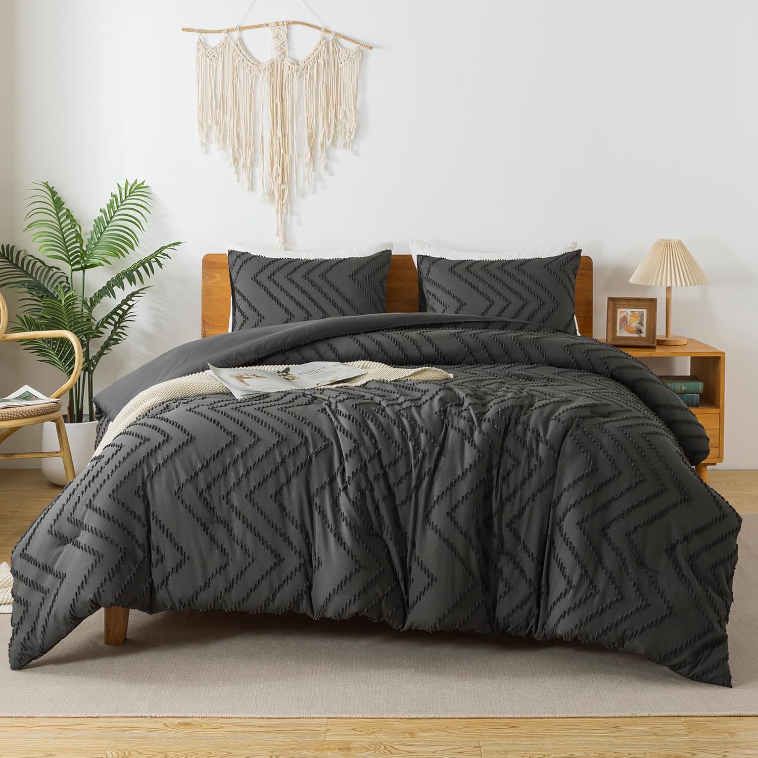 Litanika Dark Grey Comforter Set Queen Size, 3 Pieces Boho