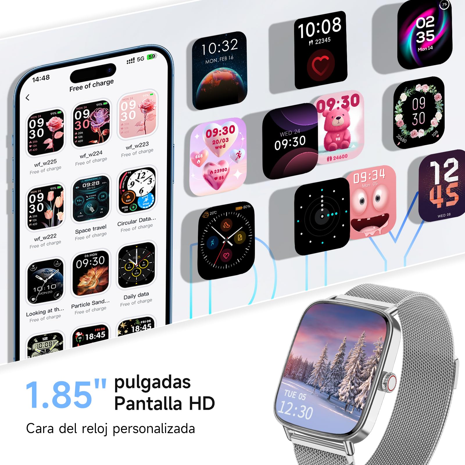 Reloj Inteligente Hombre Mujer con Llamadas, 1.85" Smartwatch Mujer Whatsapp Notificaciones,110+ Modos Deportivos Smart Watch con SpO2/Pulsómetro/Monitor de Sueño,Relojes IP68 para iPhone Android