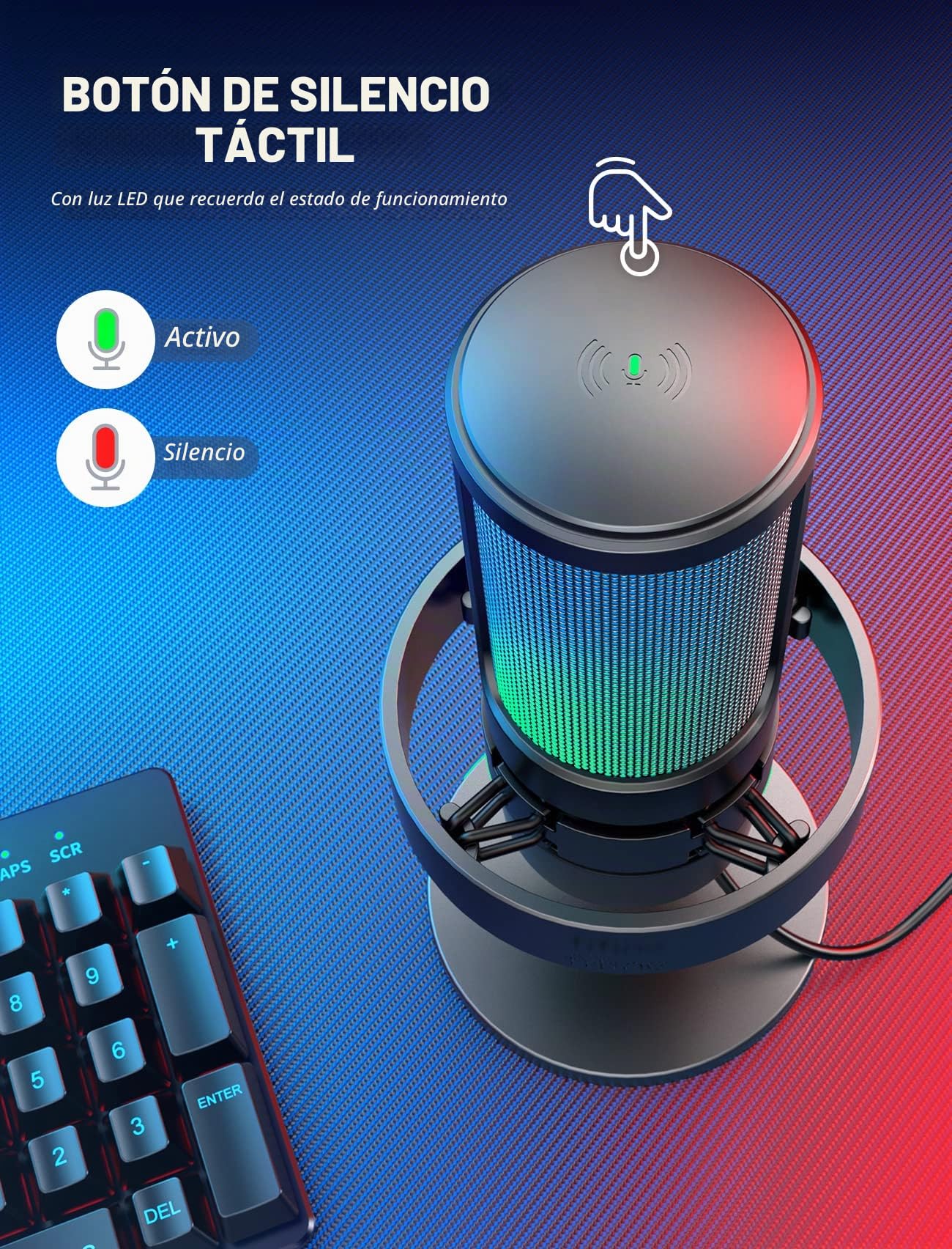 FIFINE USB Gaming Microfono para PC Mac PS4 PS5, RGB Condensador Micrófono per Streaming, Podcasts, con Control RGB, Mute Touch, Conector para Auriculares, Filtro Anti-Pop
