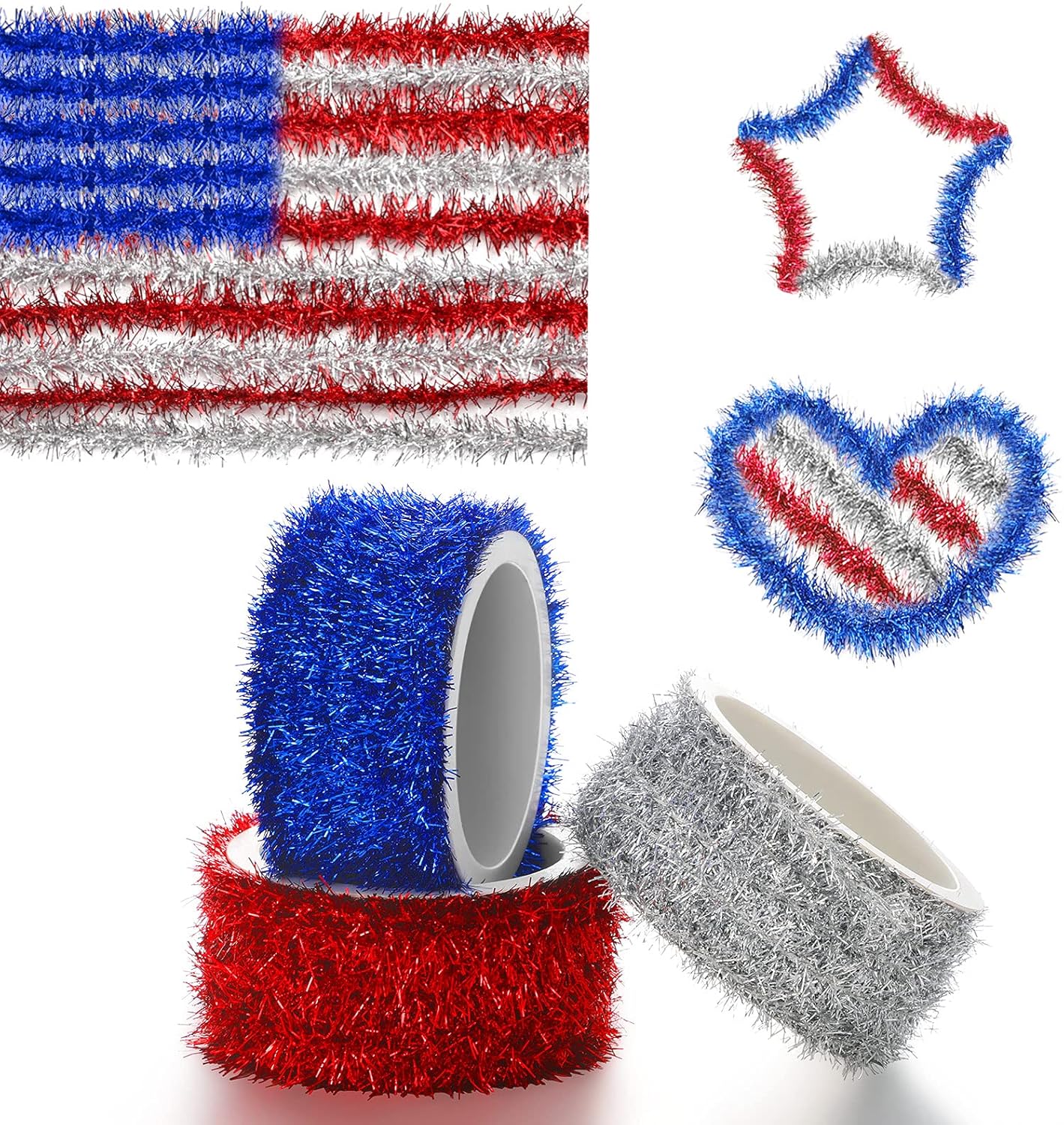 FARUTA 3 Pieces 4th of July Thin Tinsel Garland Metallic