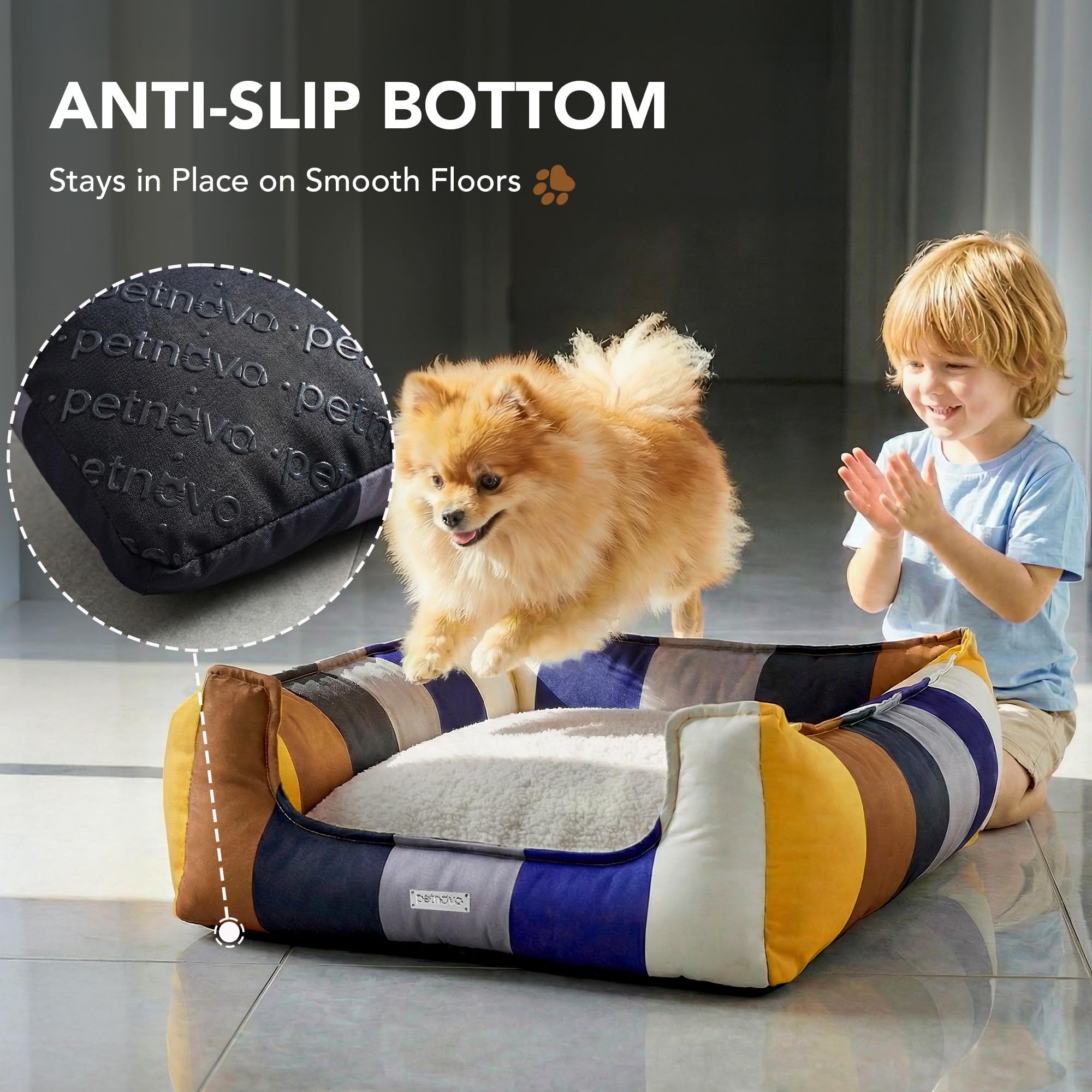PETNOVO Lit pour Chat Arc-en-Ciel, Housse Amovible, Lavable, Corbeille de Sommeil Douillette avec Bord, Intérieur, Lit Douillet pour Chats et Petits Chiens, 75 × 55 × 20 cm, Arc-en-Ciel Bleu-Gris
