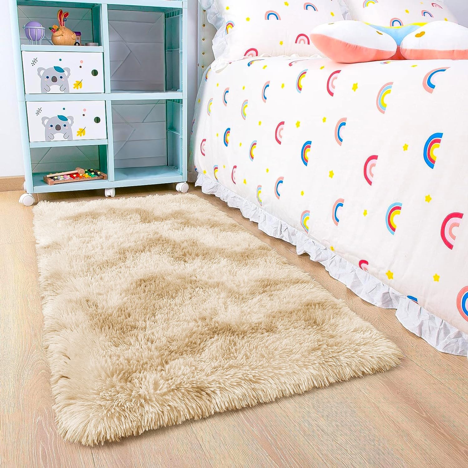 BedLooms Rugs Living Room 60x110 cm – Tie-Dye Cream Area Rugs for Bedroom Anti Slip – Modern Super Soft Plush Carpets Fluffy Shaggy Rug for Lounge – Non Shedding Bedside Rug for Kids Room