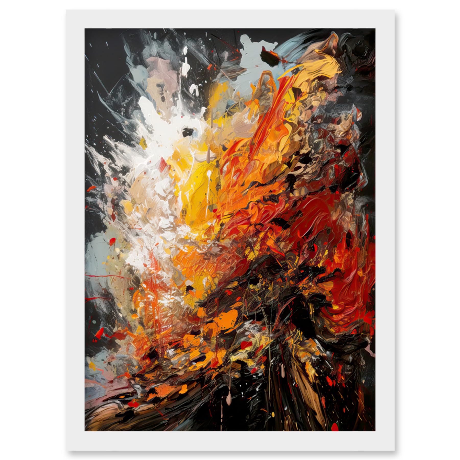 Explosion White Orange Red Abstract Painting - Framed Wall Art Print - A4 - Artery8