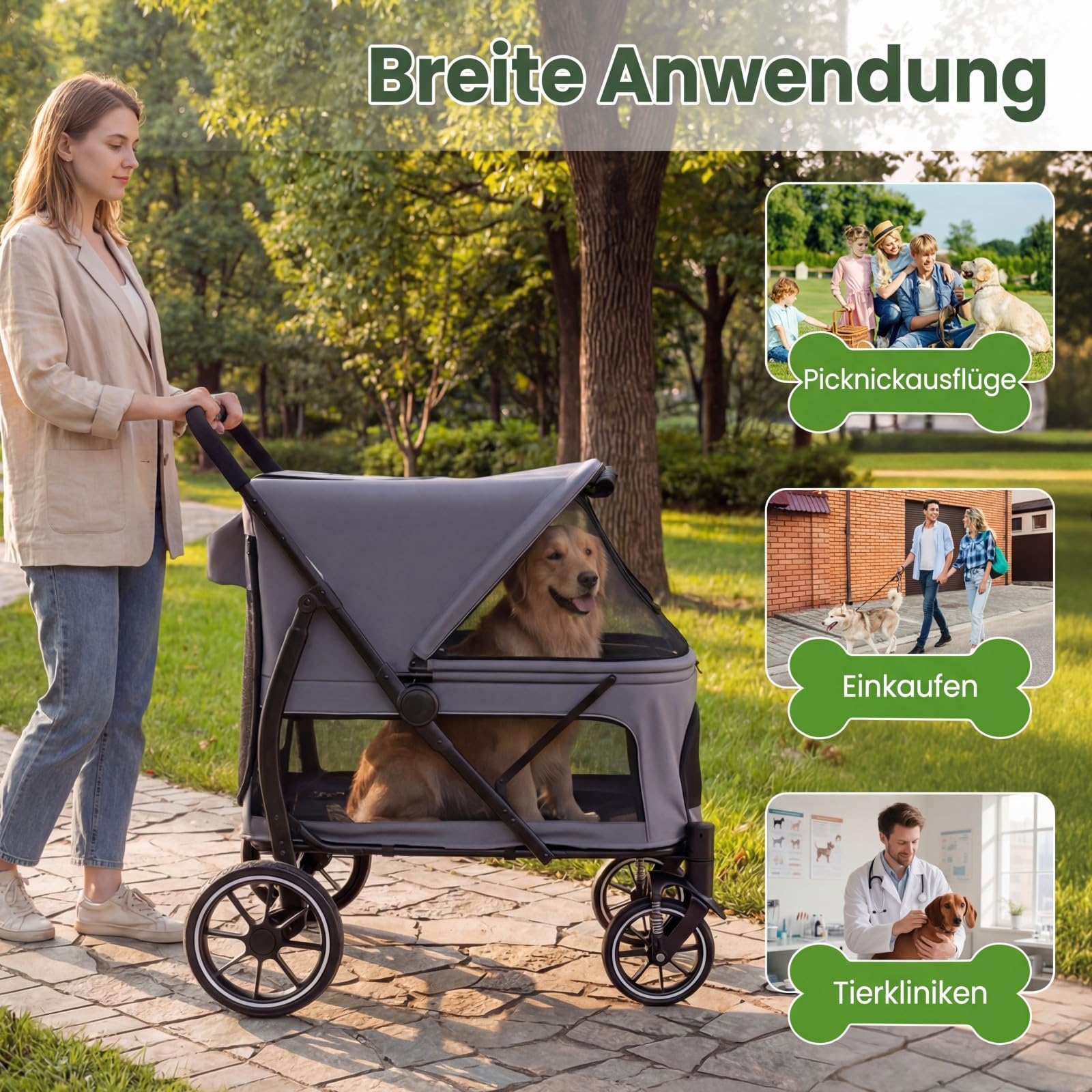 COSTWAY Hundewagen klappbar, Hundebuggy bis 40 kg, Katzenwagen mit 4 Rädern, Haustierwagen mit verstellbarem Dach, Netzfenstern & 3 Taschen, Haustierbuggy Grau, für große Katzen Hunde