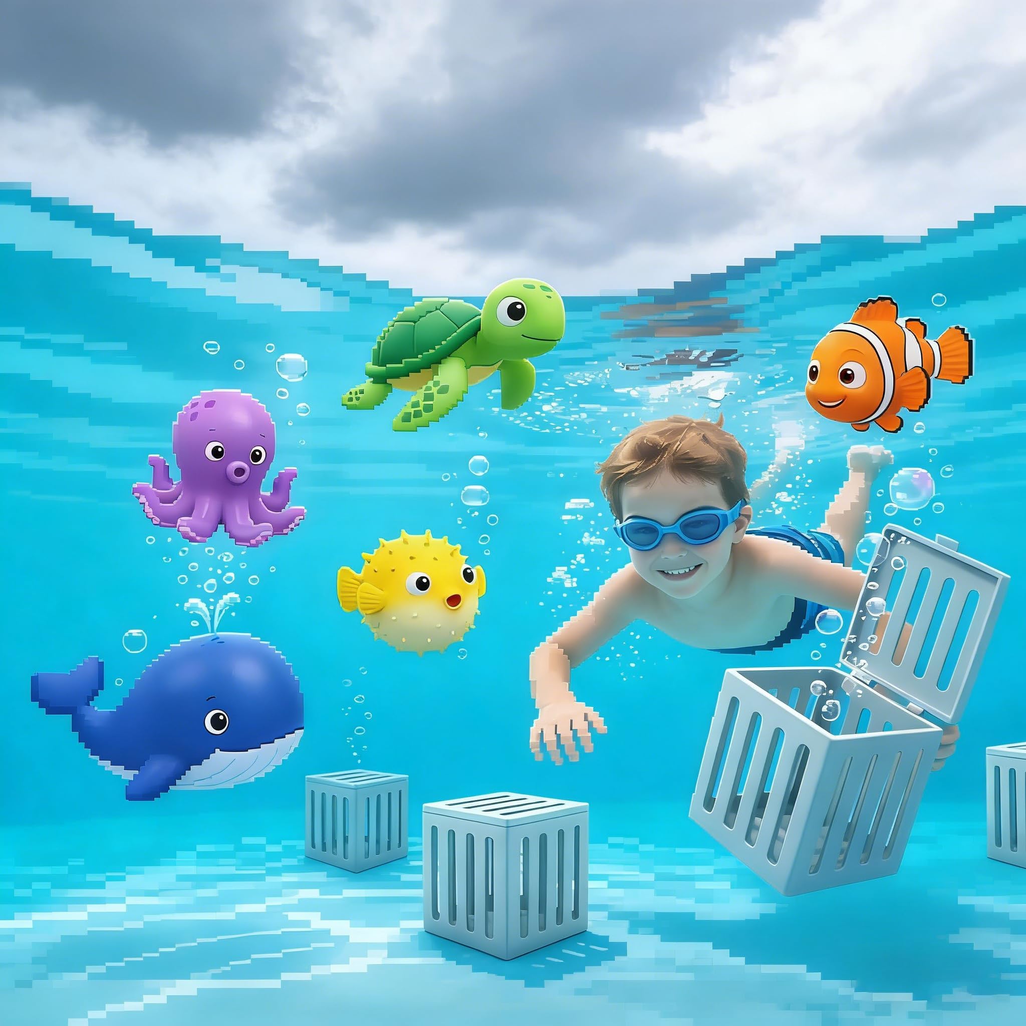 Underwater Dive Rescue Toys with Pool Toy Cage & Floating Ocean Pals, Fun Swimming Training Game for Kids, Colorful Animal Pool Sinkies Swimming Training Game for Boys & Girls, 9-12 Years (1pc)