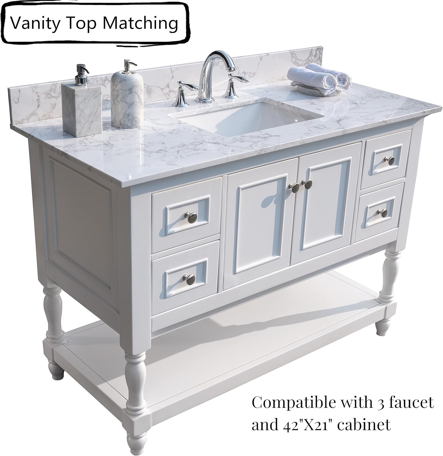 43‘’x22" bathroom stone vanity top engineered stone carrara white marble color with rectangle undermount ceramic sink and 3 pre-drilled hole with back splash (Not included Faucet)