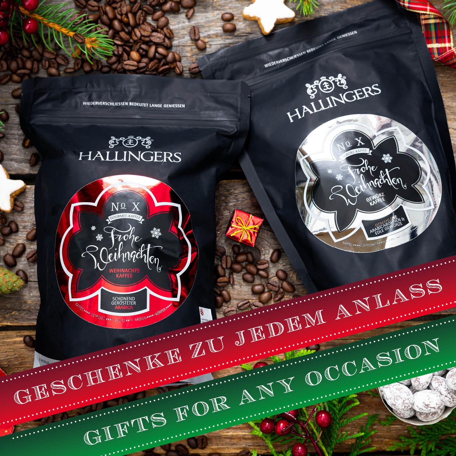 Hallingers Genuss Manufaktur Würz-Kaffee Weihnachts-Geschenk-Set - schonend langzeitgeröstet bei niederen Temperaturen gewürzt 10x "Weihnachtskaffee", Weihnachten für Frauen Männer