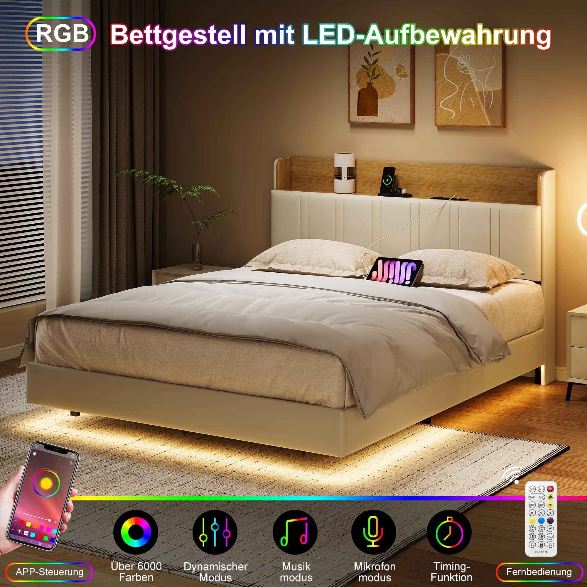 BRILVERDE Polsterbett 160x200 mit LED, Platformbett mit USB, Funktionsbett mit Kopfteil, Schwebebett mit Lattenrost, PU (Weiß Flache Eiche, 160 x 200 cm)