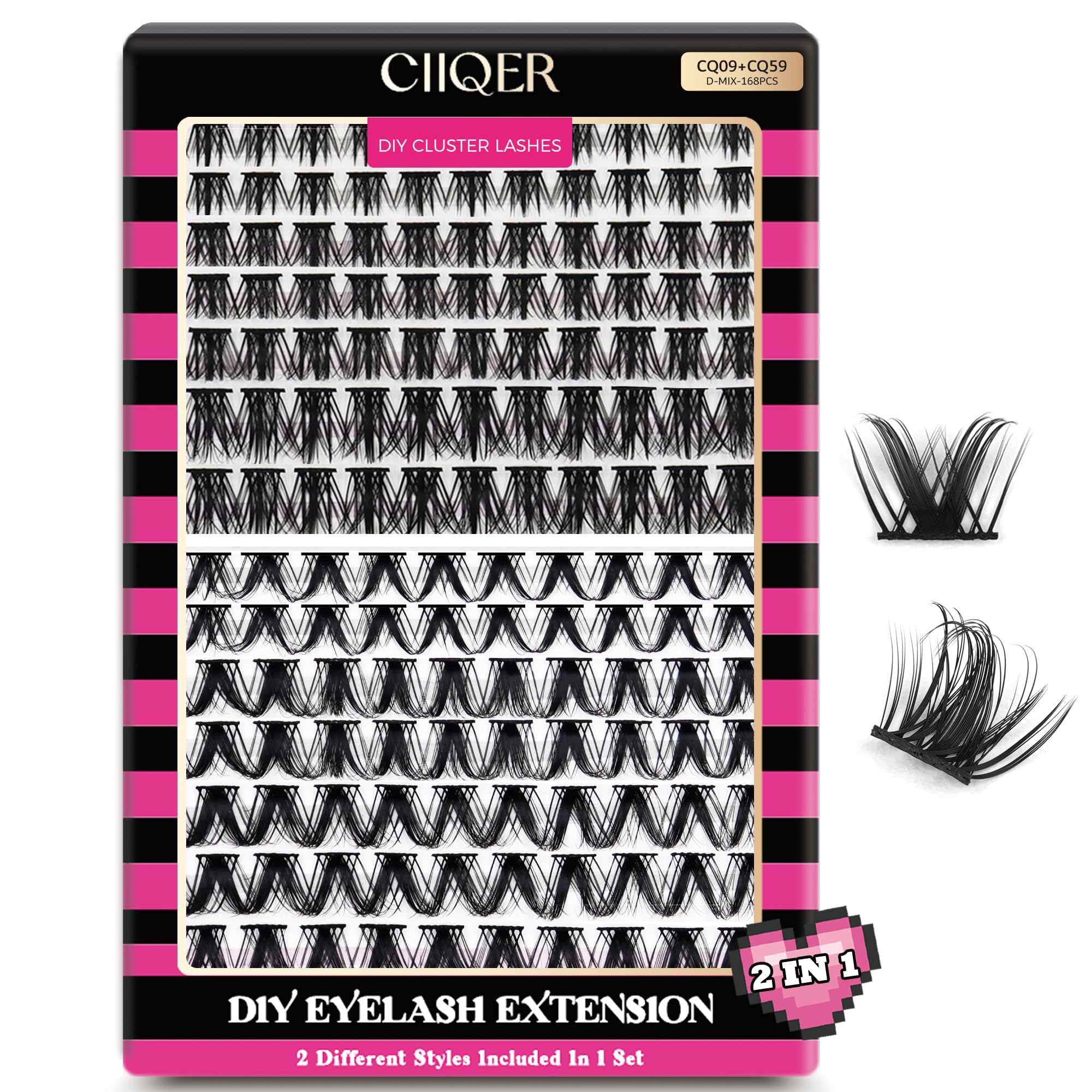 CIIQER Individual Lashes 168 Clusters, D Curl Lash Clusters Extension, Wispy Eyelash Extension, False Eyelashes Natural Look, 10-16mm Mix DIY Eyelash Extensions at home (CQ09+CQ59 Style/D Curl)