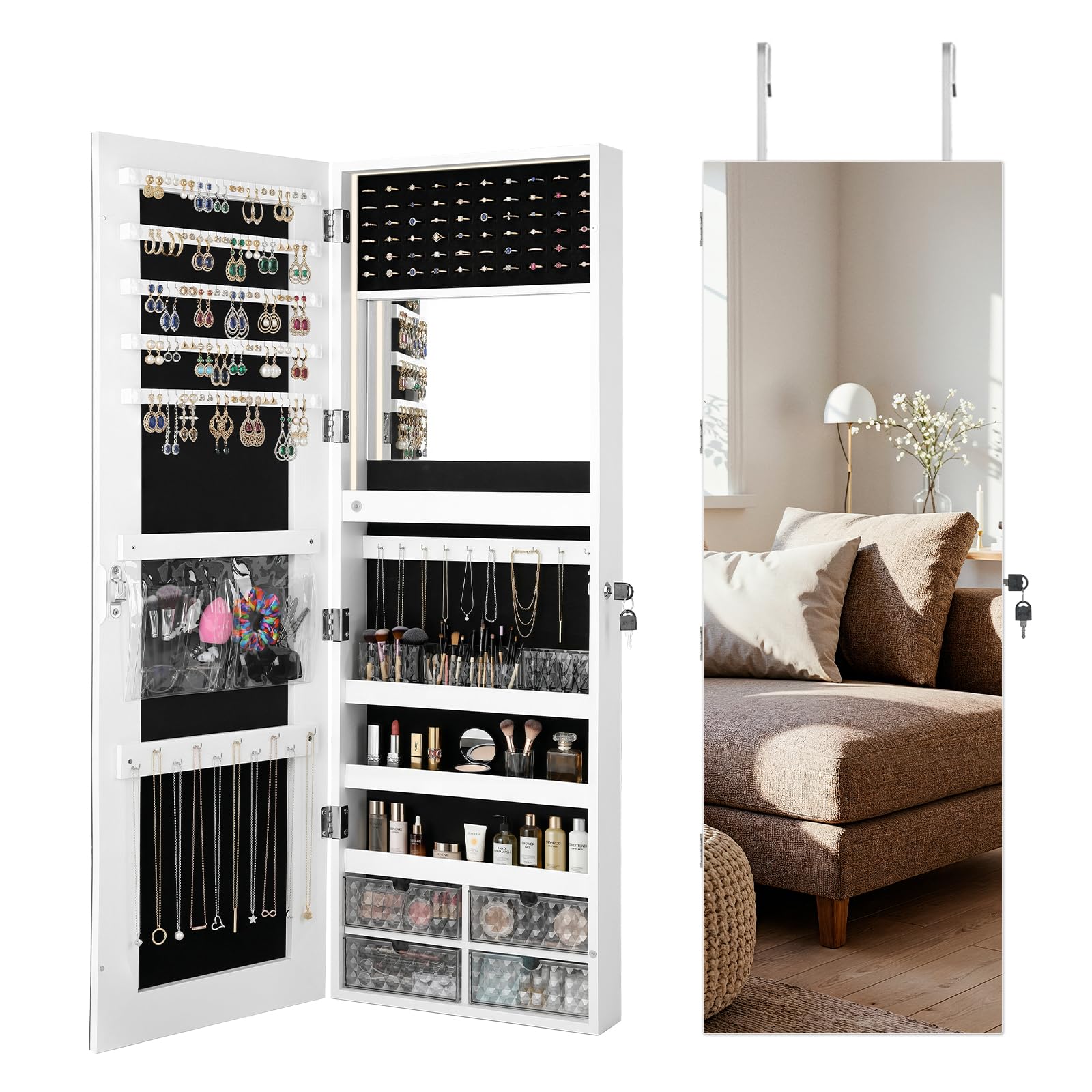 EDIMENS Jewellery Cabinet Hanging Door Mirror LED, abschließbarer Schmuckschrank mit Ganzkörperspiegel zur Wand- und Türmontage, LED Beleuchtung, Holz Weiß, großer Stauraum für Schmuck & Make-up