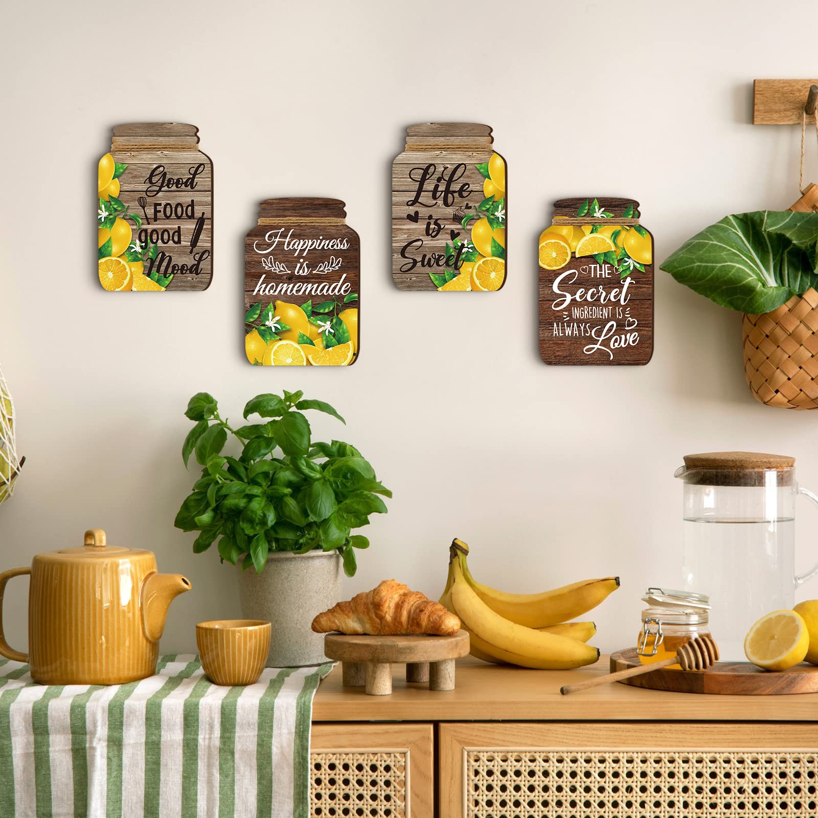 4 Pcs Kitchen Wall Decor Mason Jar Set Wooden Rustic Home Decor Inspirational Kitchen Hanging Farmhouse Wall Signs for Home decoration(Lemon)