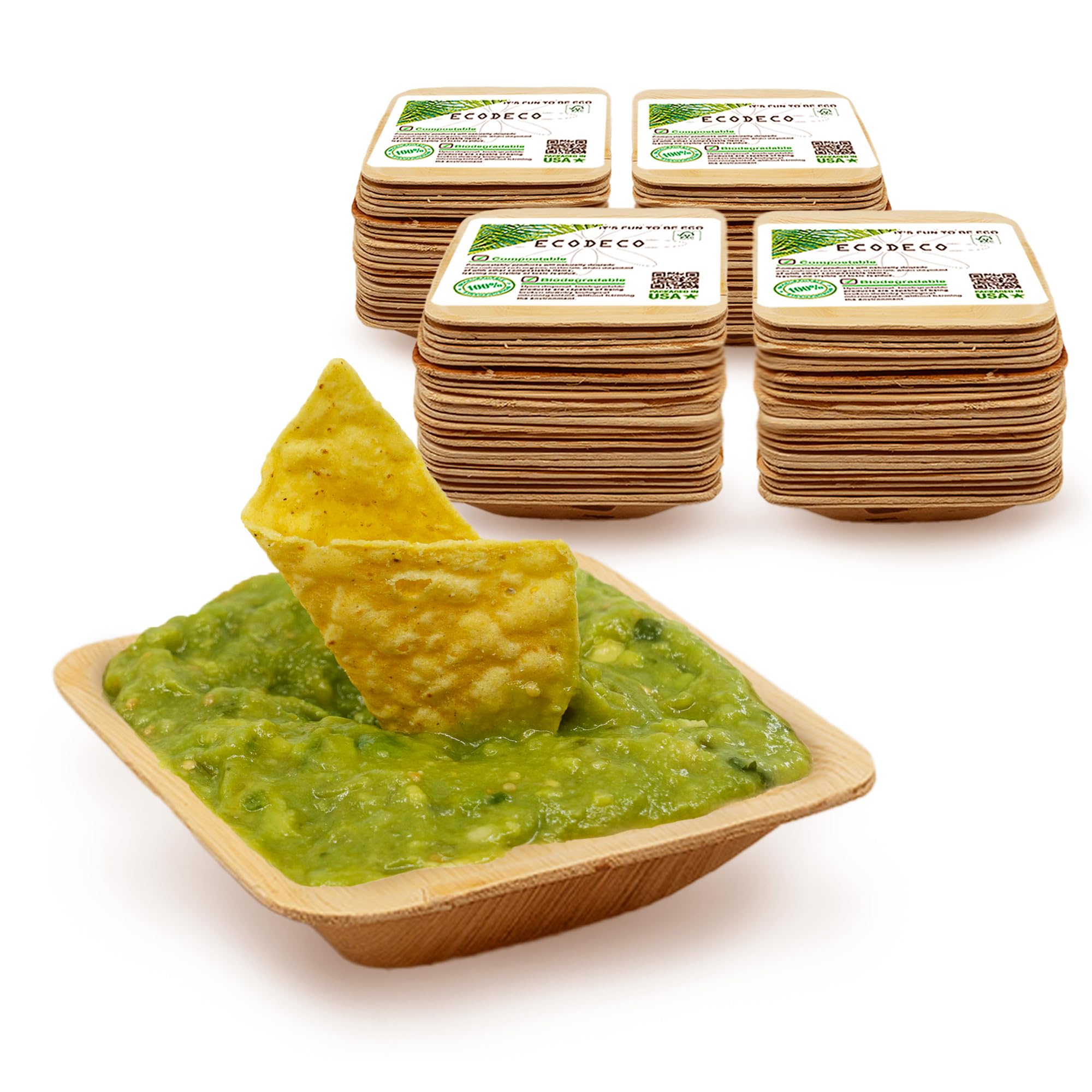ECODECO 100 Palm Leaf Small Disposable Bowls - Compostable 4 Inch Square Sauce Dipping Bowls - Eco Friendly Like Bamboo Party Plates For Bite-sized Antipasti or Mini Dessert