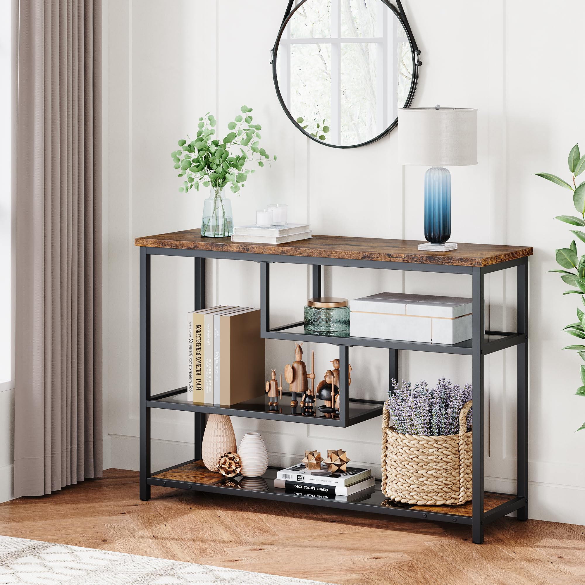 Garvee Mueble de Recibidor, Mesa Consola Estrecha de 4 Niveles, Estilo Industrial para Pasillo, Salón, Recibidor y Detrás del Sofá, Color Marrón Rústico, 100 * 30 * 75 cm