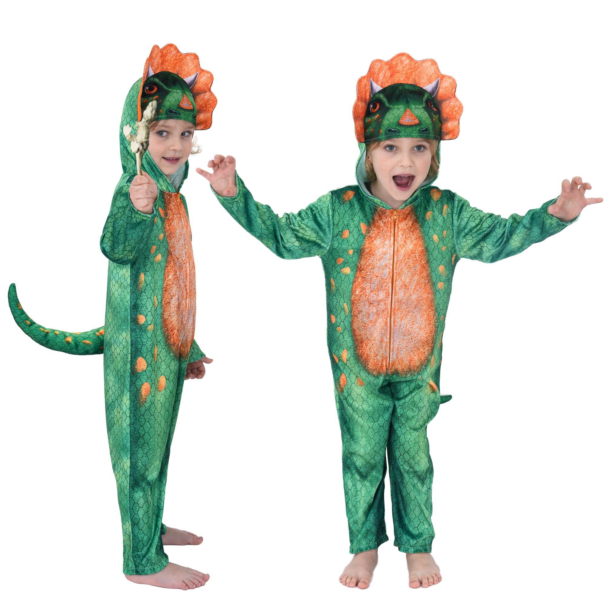 Sincere Party Sublimation Print Triceratops Dinosaur Costume for Little Boys and Girls Dinosaur Oneise with Triceratops Statue Toy for 2-3 years