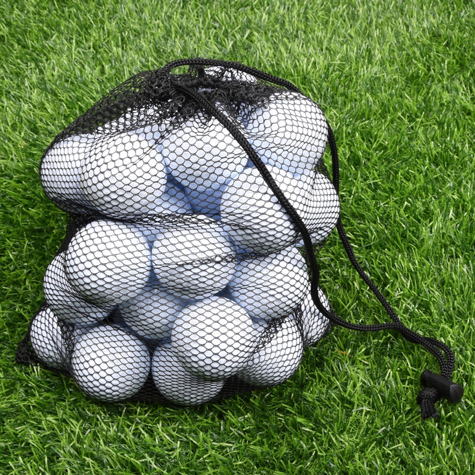 Sac de balle de golf noir en maille nylon solide et légère avec cordon de serrage