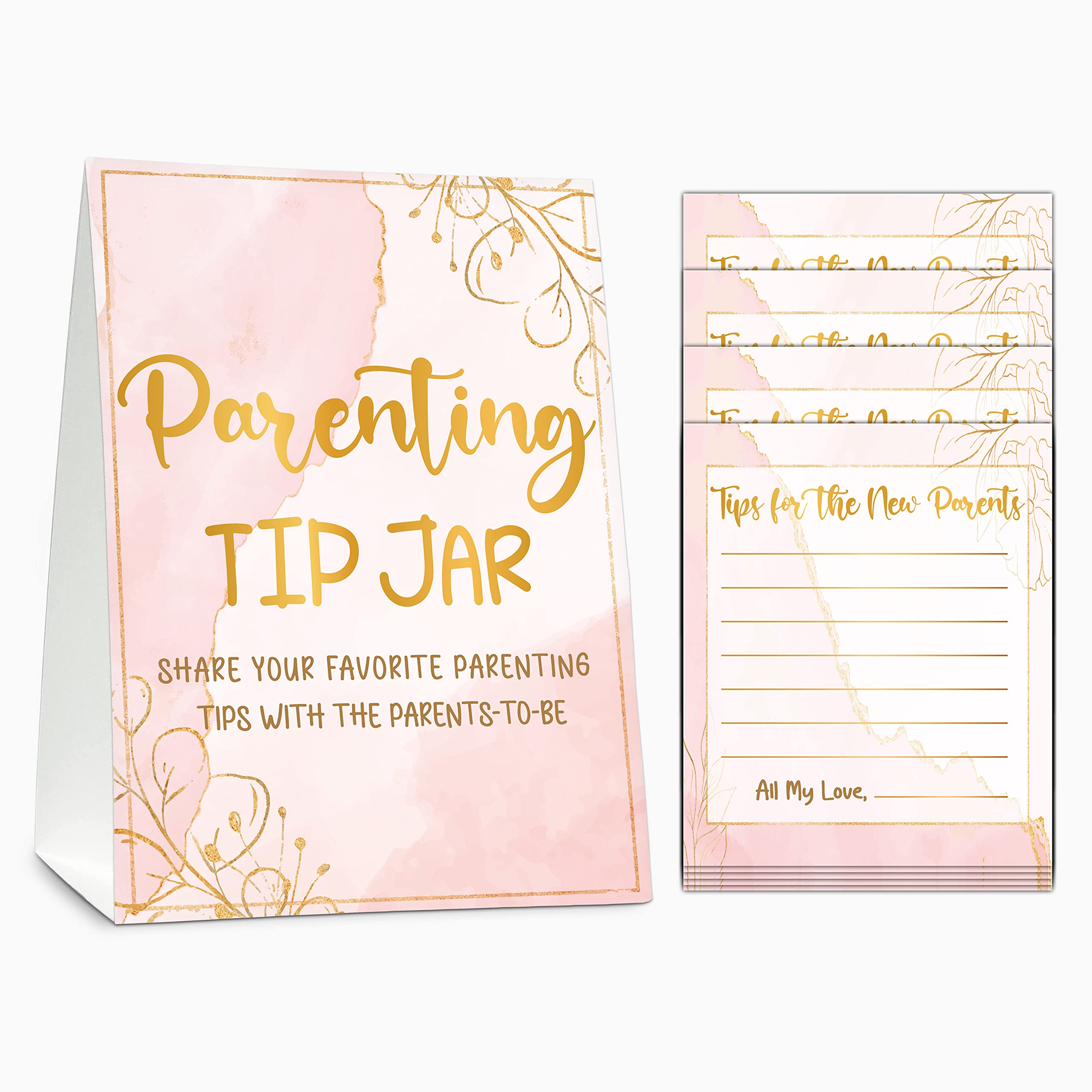 Baby Shower Game Set, Parenting Tip Jar Party Games(1 Standing Sign + 20 Advice Cards), Blush Pink Blank Advice Cards for New Parents, Gold Foil Baby