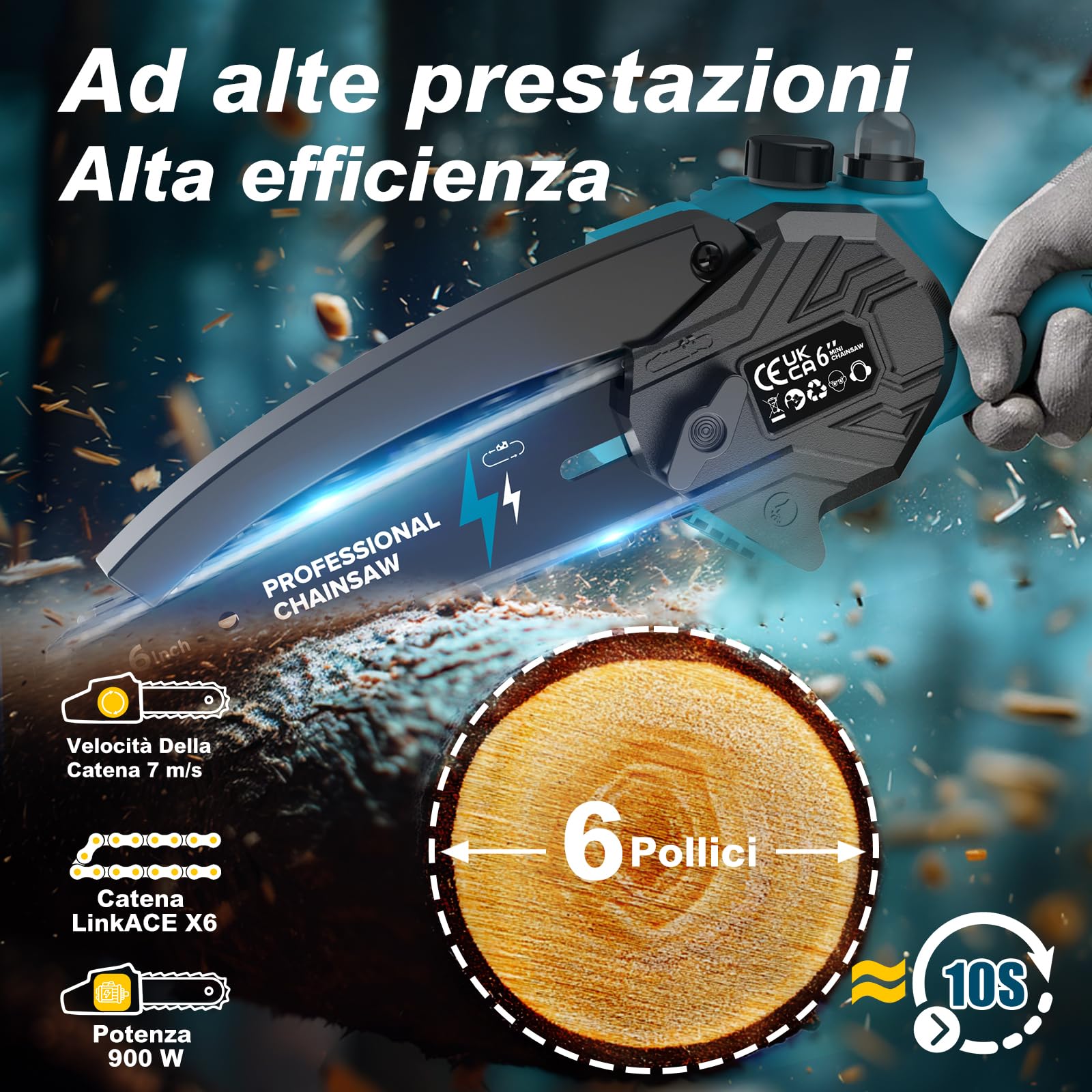 Mini Motosega a Batteria per Potatura con 8000mAh Batterie, 6 Pollici Motosega Elettrica con Pompetta Olio, Sega a Batteria per Potatura per il Taglio del Legno Giardini