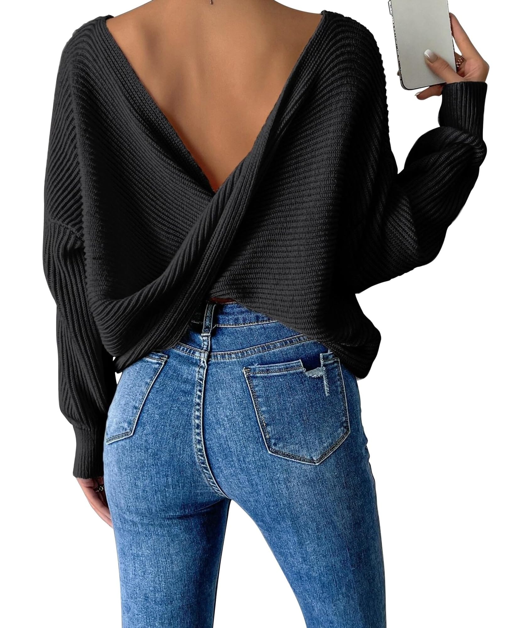 BTFONIA Women Twist Back Backless Drop Shoulder Long Sleeve Pullover Rib Knit Sweater Tops(Black,L)