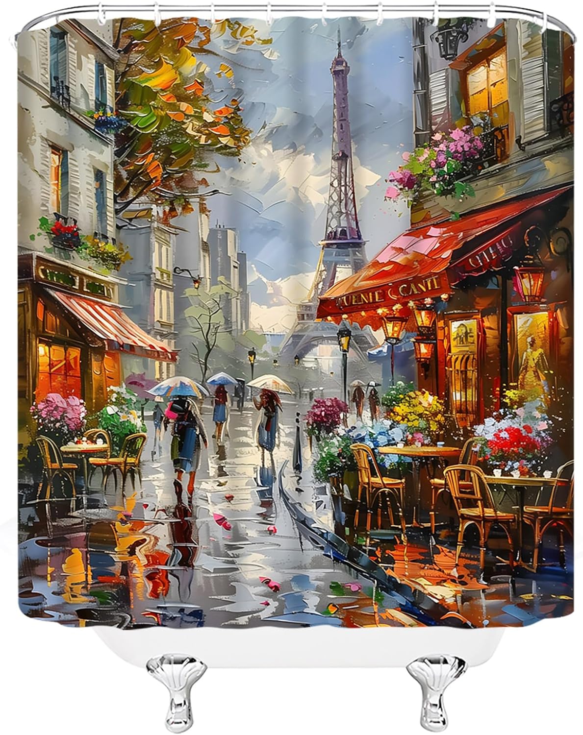 Paris Eiffel Tower Shower Curtain Retro Paris Cafe de Oil Painting France Street European Building Fashion Fabric Bathroom Decor Curtain with Hooks,70Wx96H Inches