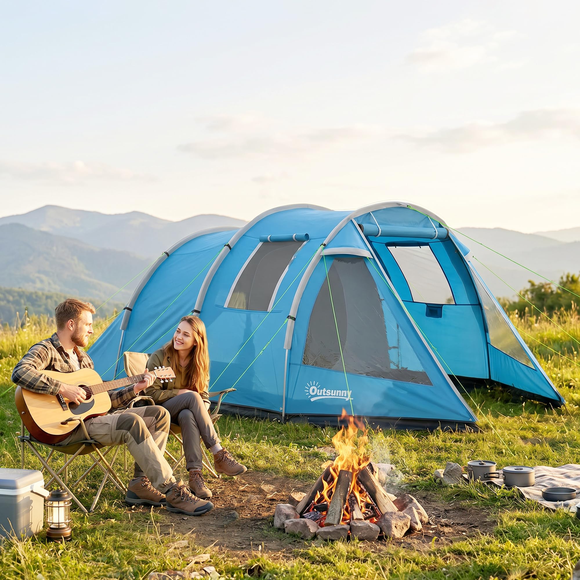 Outsunny Campingzelt für 4 Personen leicht, stabil Familienzelt mit Tür Fenster, Packtasche, Tunnelzelt mit 2000mm Wassersäule Zelt für Camping Reise Trekking Garten