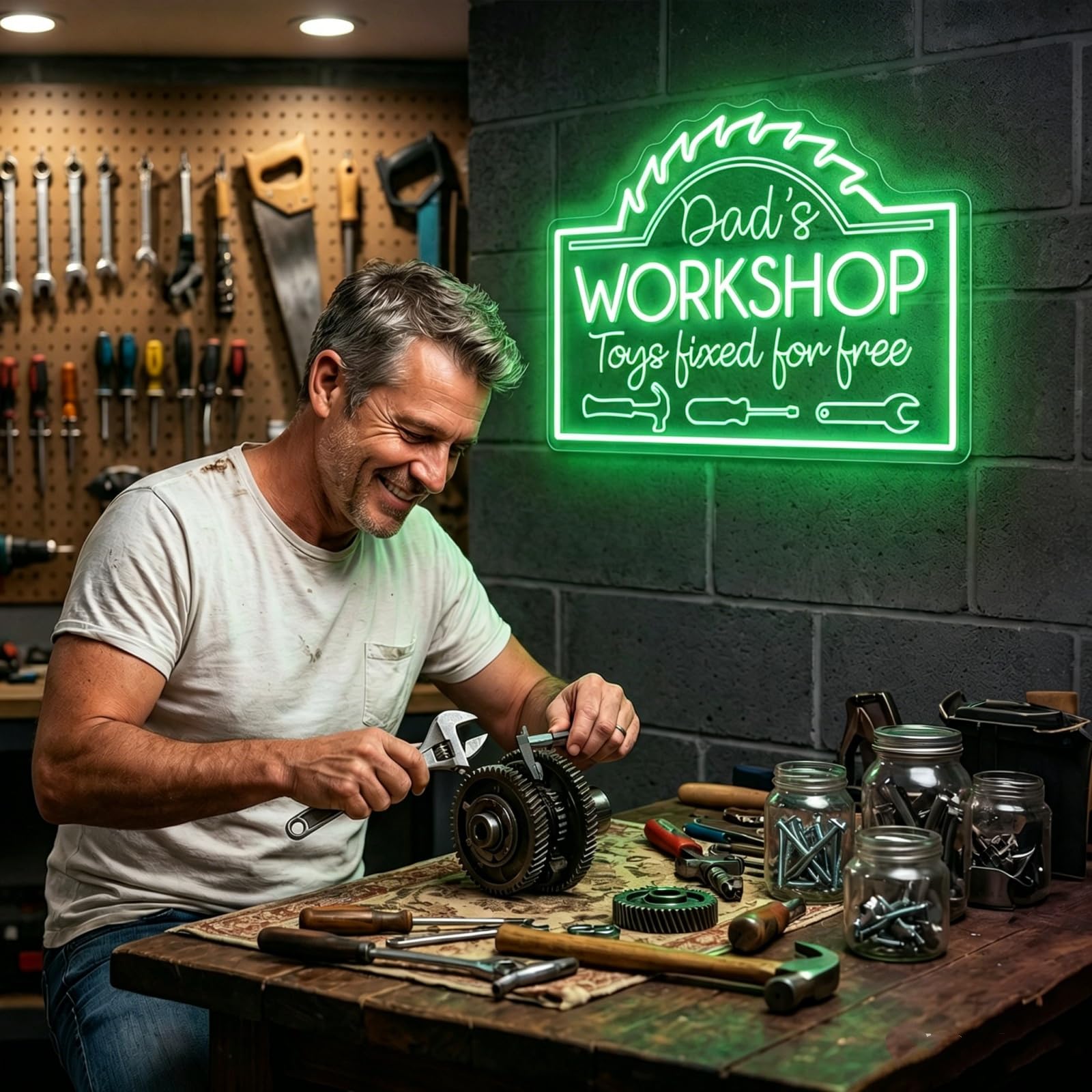Targa al neon personalizzata con scritta "Dad's Workshop" per decorazione da parete, luce al neon per garage, sala hobby, officina, bar di casa, divertente regalo per la festa del papà per