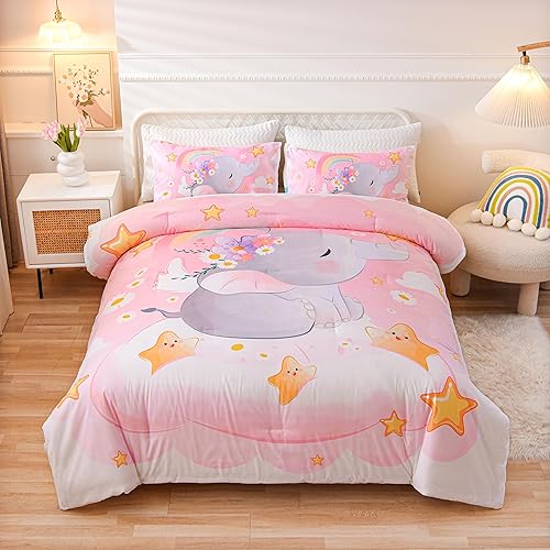 Btargot Juego de edredón ligero y suave de 3 piezas de elefante con 2 fundas de almohada, juego de ropa de cama de dibujos animados arco iris