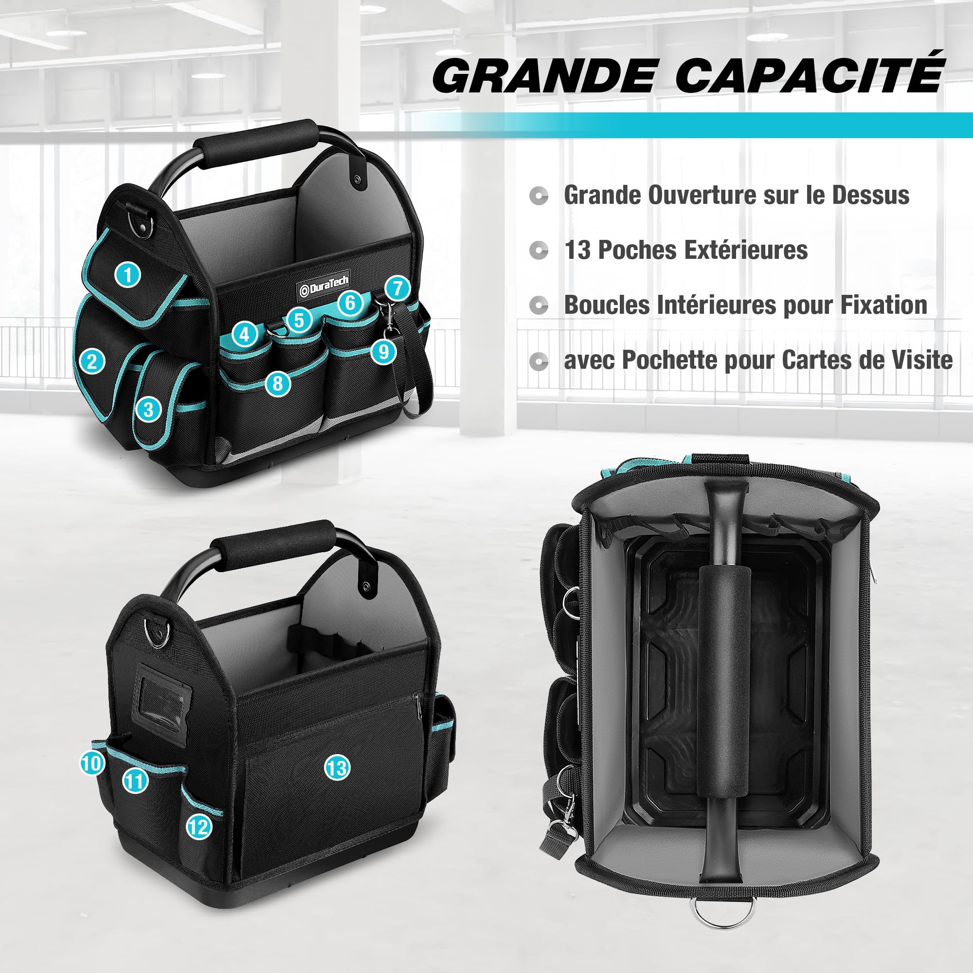 DURATECH Sac à Outils Ouvert 30,5x22x30 cm, Sac à Outils Professionnel 900D | Sac pour Électricien avec Poignée Tubulaire en Acier Rotative et Bandoulière Réglable, Multiples Poches