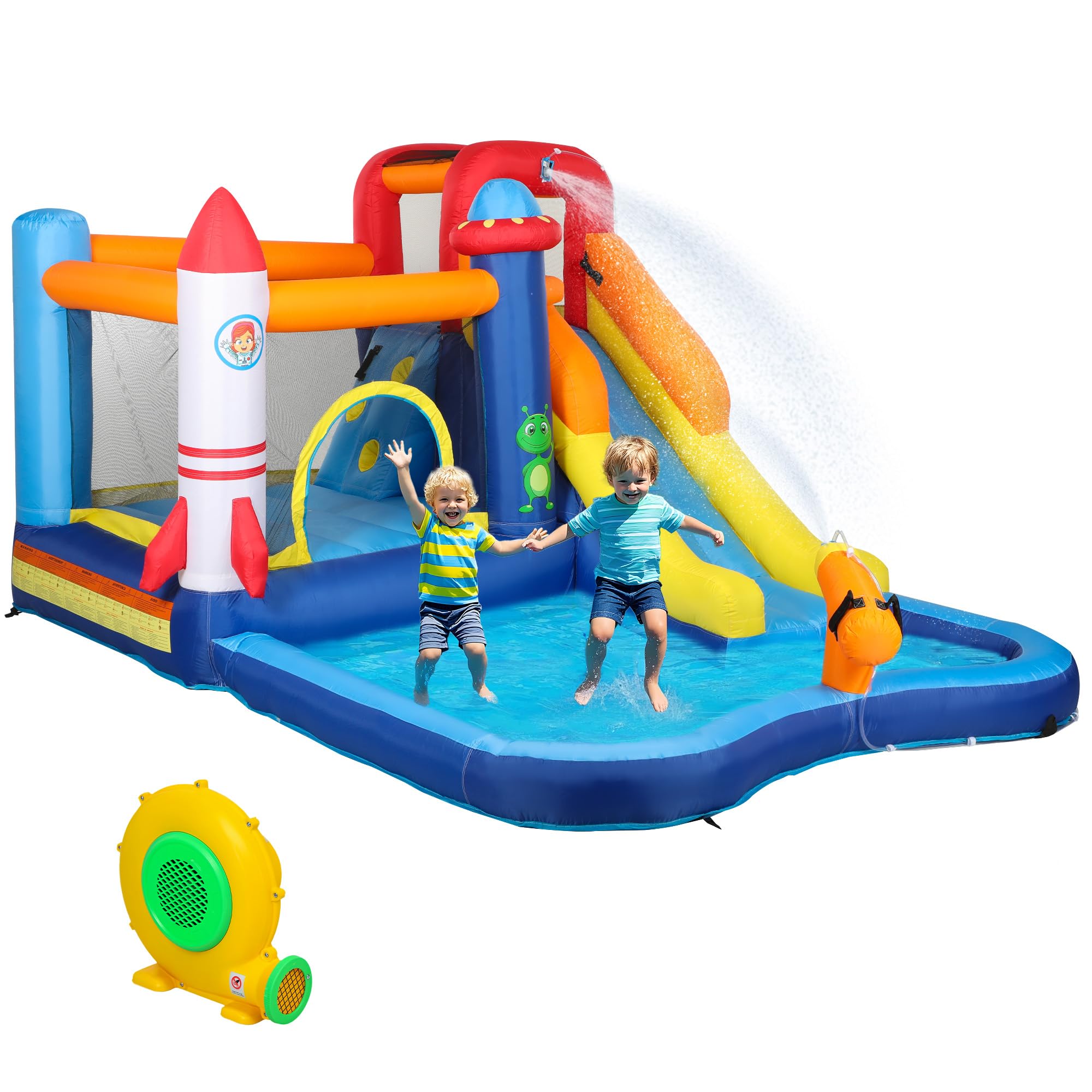 AIYAPLAY Castillo Hinchable con Soplador 5 en 1 Parque Acuático Hinchable para Niños con Tobogán Piscina de Chapoteo Escalada y Cañón de Agua para Exterior Interior 360x250x195 cm