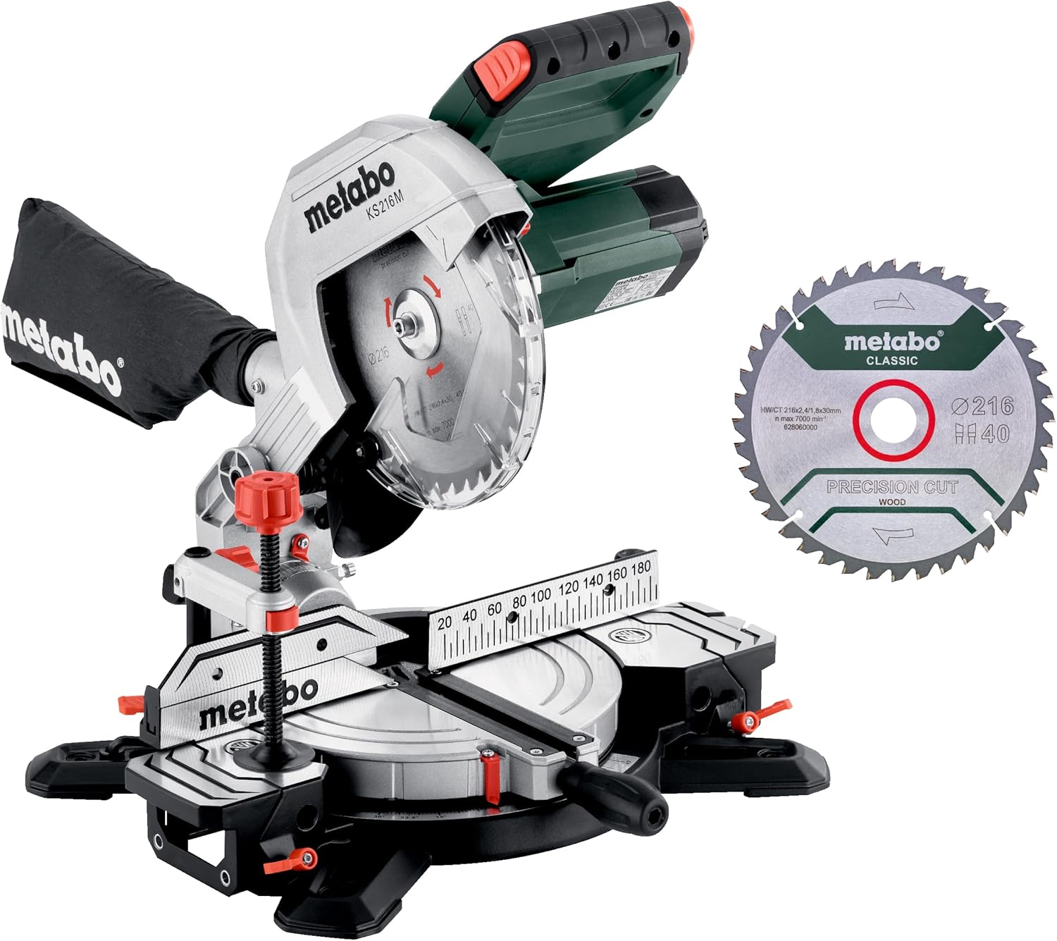 metabo KS 216 M Chop Saw Set - 1100 W, 216 mm Saw Blade - Precision Cut, LED Shadow Line, Integrated Table Widening, Lightweight and Mobile - Includes 2 Carbide Saw Blades and Accessories