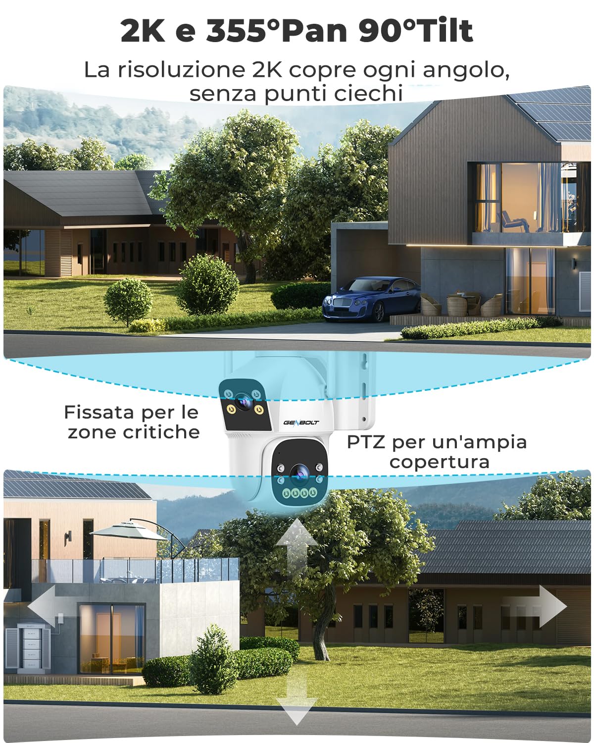 GENBOLT 2.5K AOV Solare Telecamera Wi-Fi Esterno Senza Fili di Sicurezza Esterni, Registrazione 7/24 3MP+3MP IP Videocamera Sorveglianza con Rilevamento AI, CCTV Camera Batteria 8W 15600mAh 2.4&5GHz