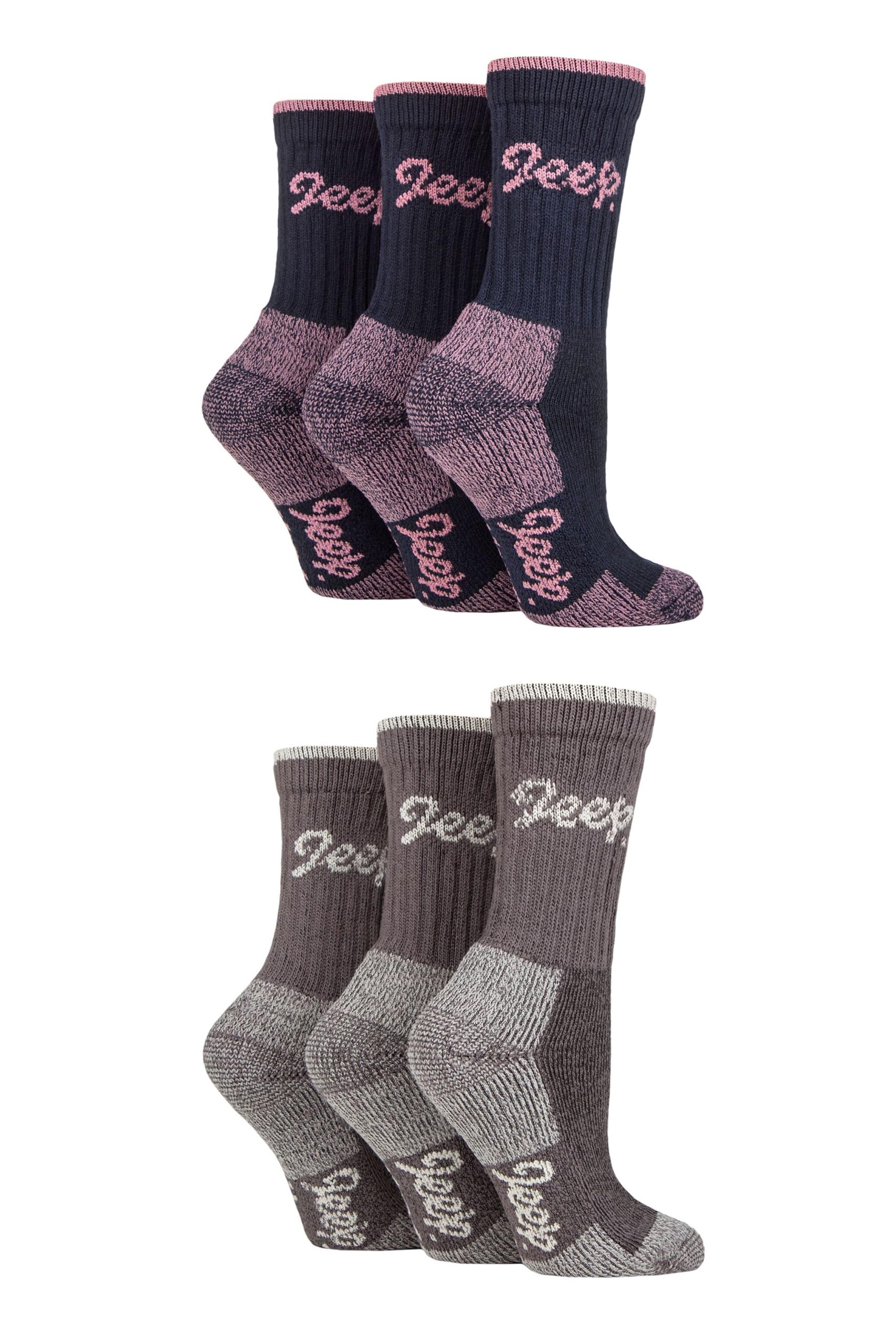 Jeep Women's Navy Slate Cotton Boot Socks - Luxury Terrain Calf Length Plain With Logo,Ribbed, Cushioned & Chunky For Walking, Hiking, Trekking & The Outdoors Size 4-8 6 Pair Multipack