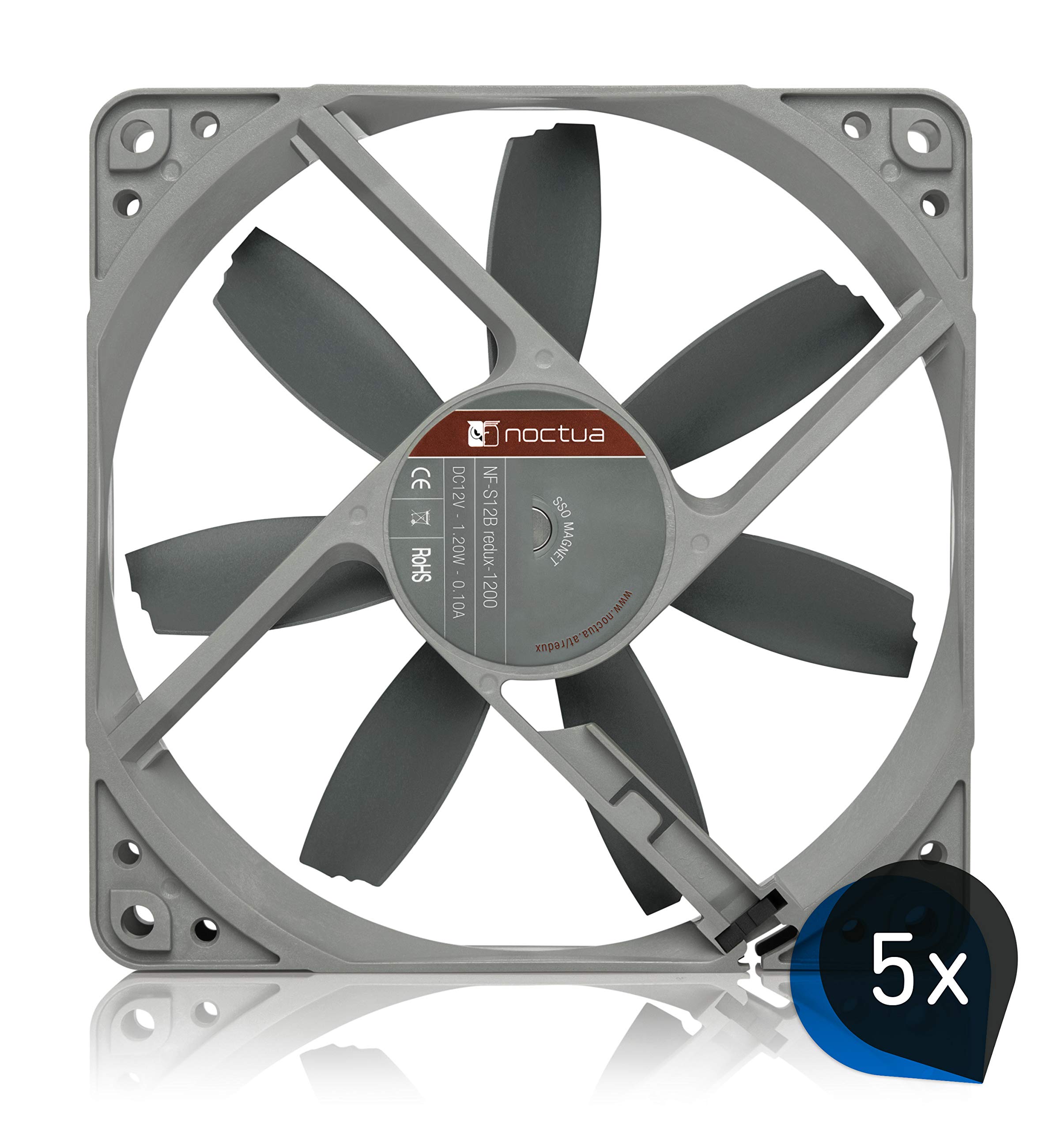 Noctua Paquete: 5x NF-S12B redux-1200, Ventilador de Alto Rendimiento, 3 Pines, 1200 RPM (120 mm, Gris)