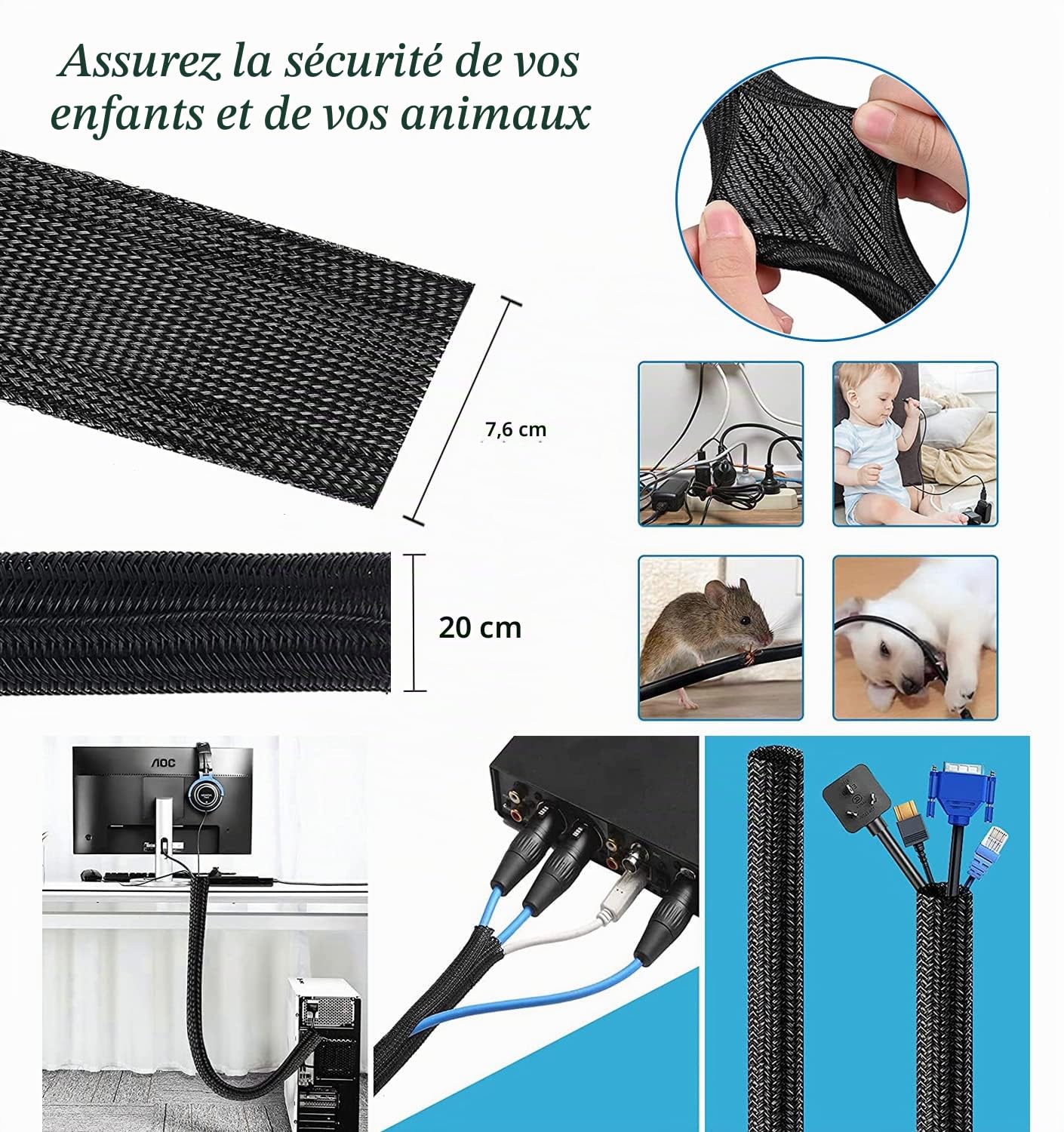 Moseem Kit de gestion de câbles 114 pièces, goulotte de câble de 2 m, 100 serre-câbles de fixation, 2 supports de câble en silicone et 10 clips de câble pour TV, ordinateur et bureau.