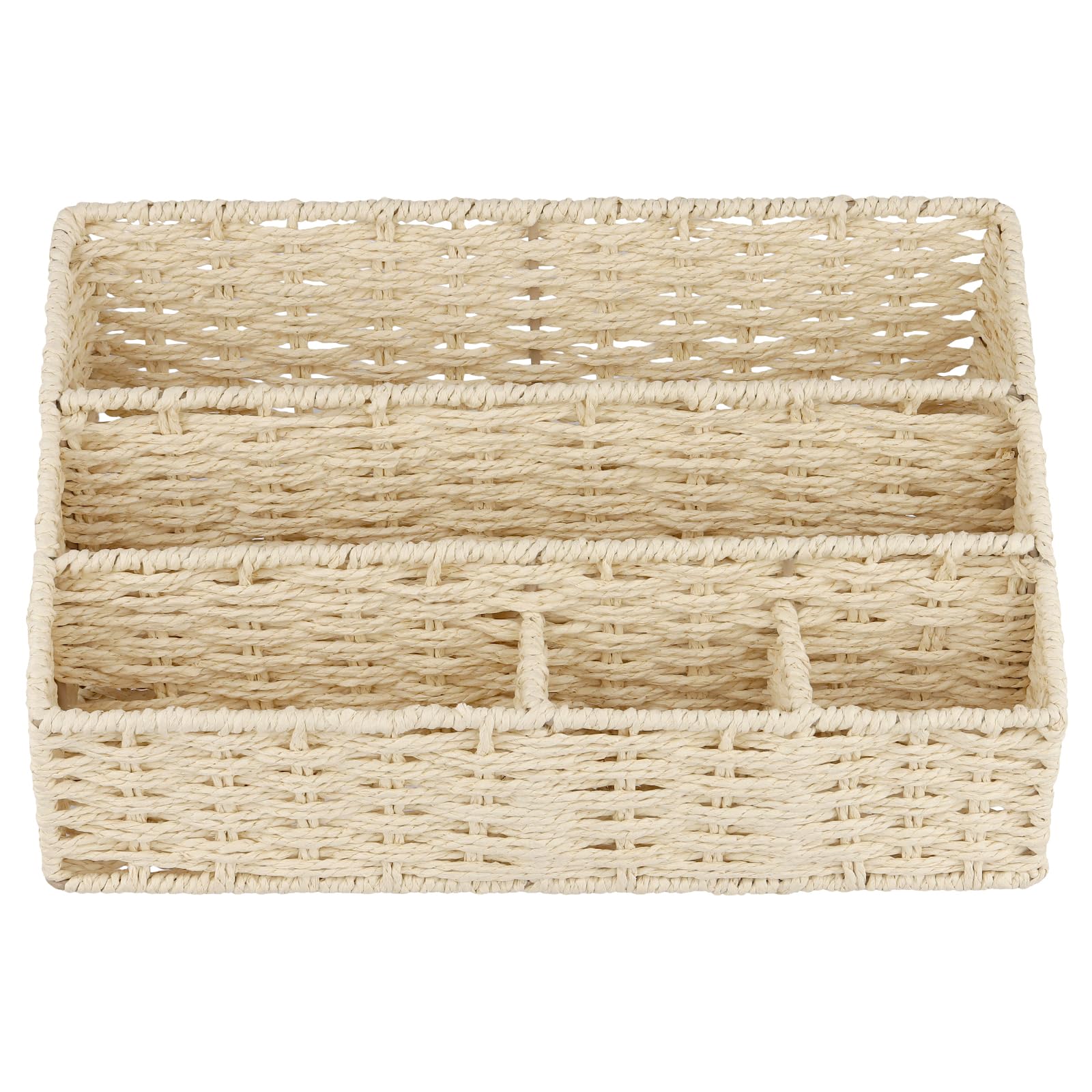 Organizer da Scrivania in Fibra Naturale, Portapenne con 4 Scomparti, Mensola a 3 Ripiani in Cordoncino di Carta e Ferro, Beige, 33 x 18 x 15,5 cm