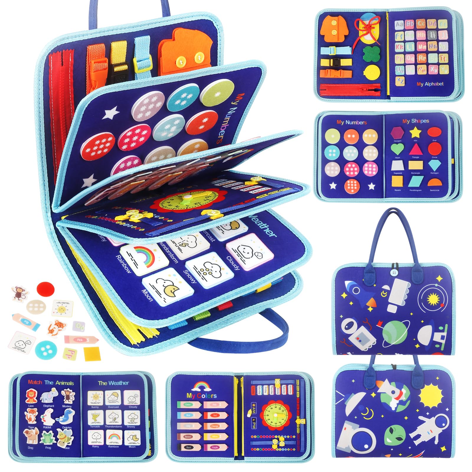 Gudotra Busy Board Montessori de Fieltro Libro Montessori 1 2 3 4 Años Juguetes Educativos Motricidad Fina Libro Interactivo Juguetes Montessori para 1 2 3 Años Regalos Cumpleaños Niños Colegio (Azul)