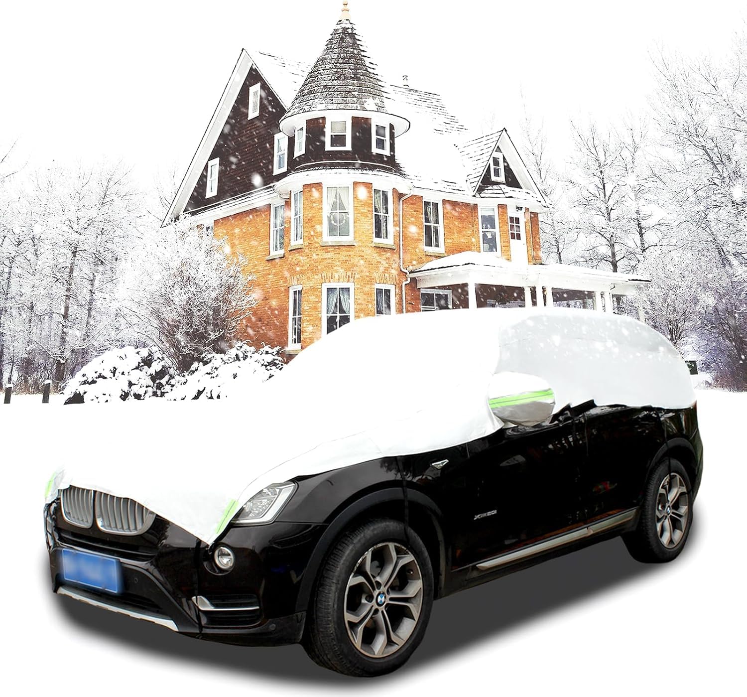 Telo Copriauto Impermeabile Invernale Esterno, Mezza Copertura per Auto con Strisce Riflettenti e Corde Antivento, Mezzo Telo Auto Resistente a Polvere, Graffi, Neve, Universal (SUV)