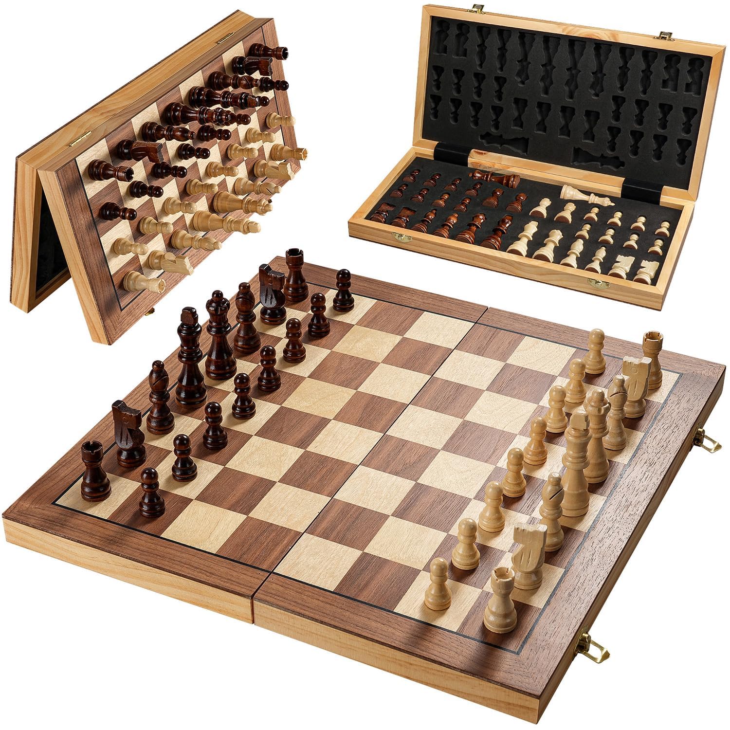 Magnetic Chess Board Set for Adults & Kids, 15" Wooden Folding Chess Boards