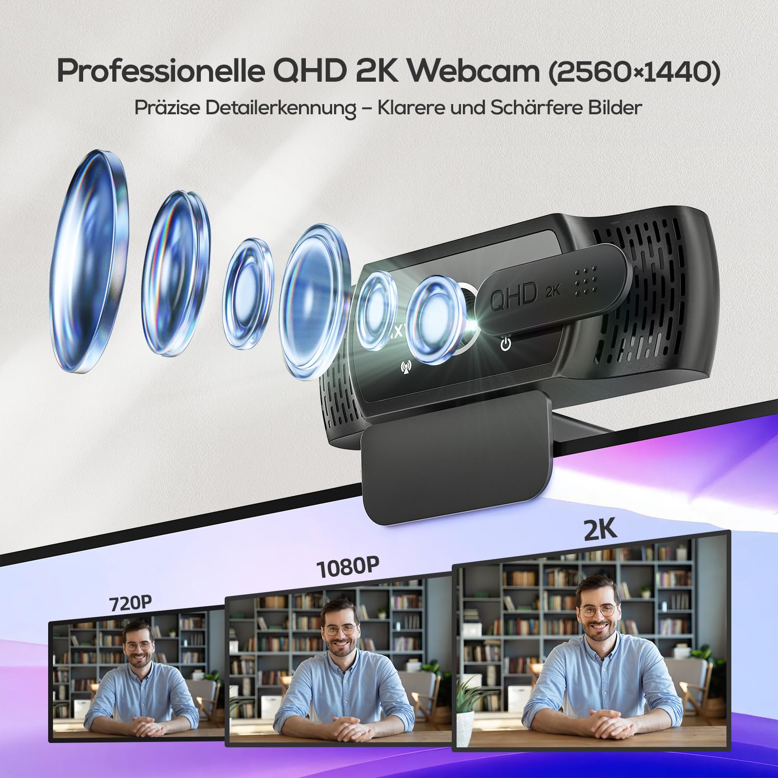 NULAXY Webcam 2K avec microphone, webcam USB Plug & Play avec cache de confidentialité pour ordinateur portable, PC, correction de la lumière, caméra Web USB pour appels vidéo, Skype, Zoom, FaceTime