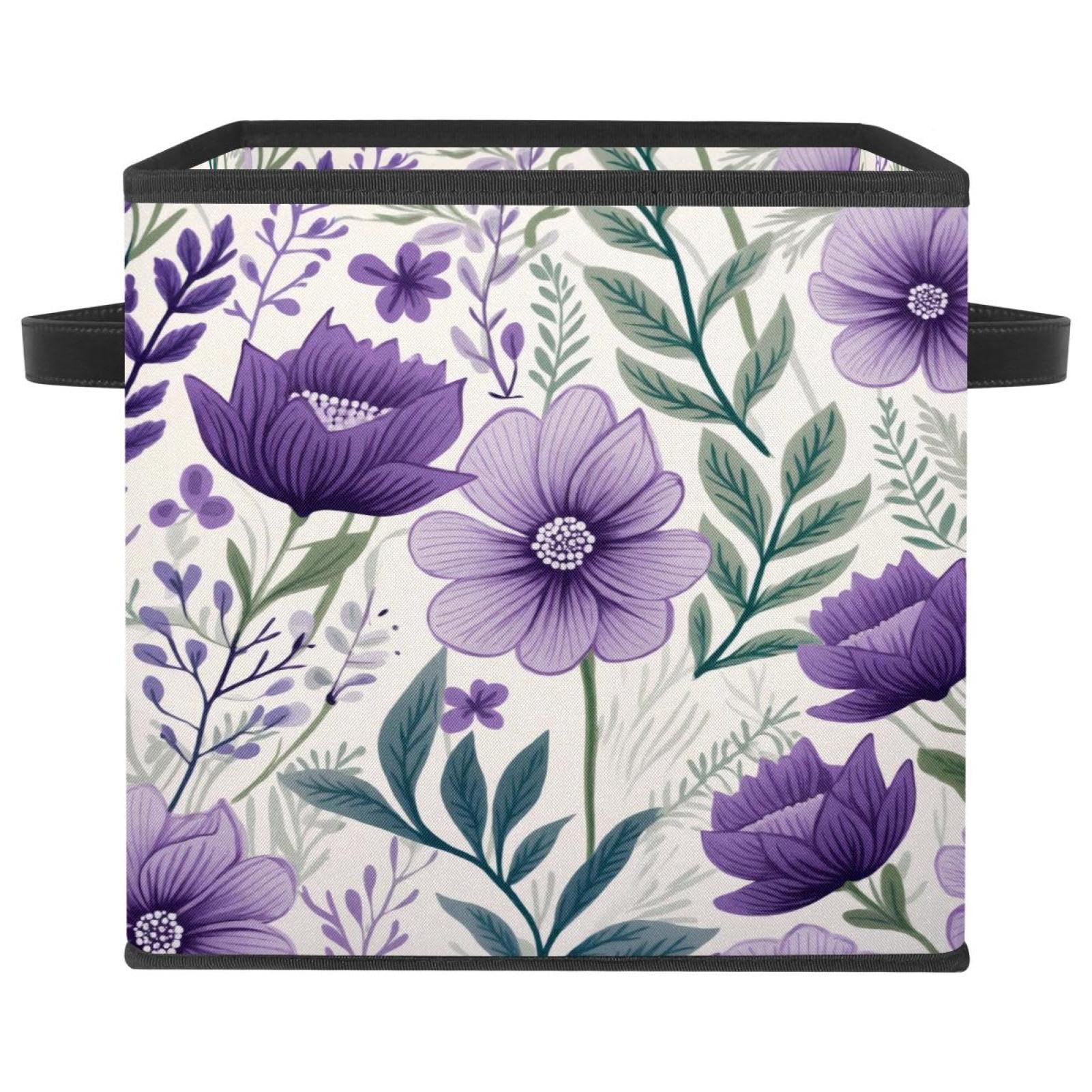 Boîte de rangement pliable fleurie violette avec poignée en cuir pour placard
