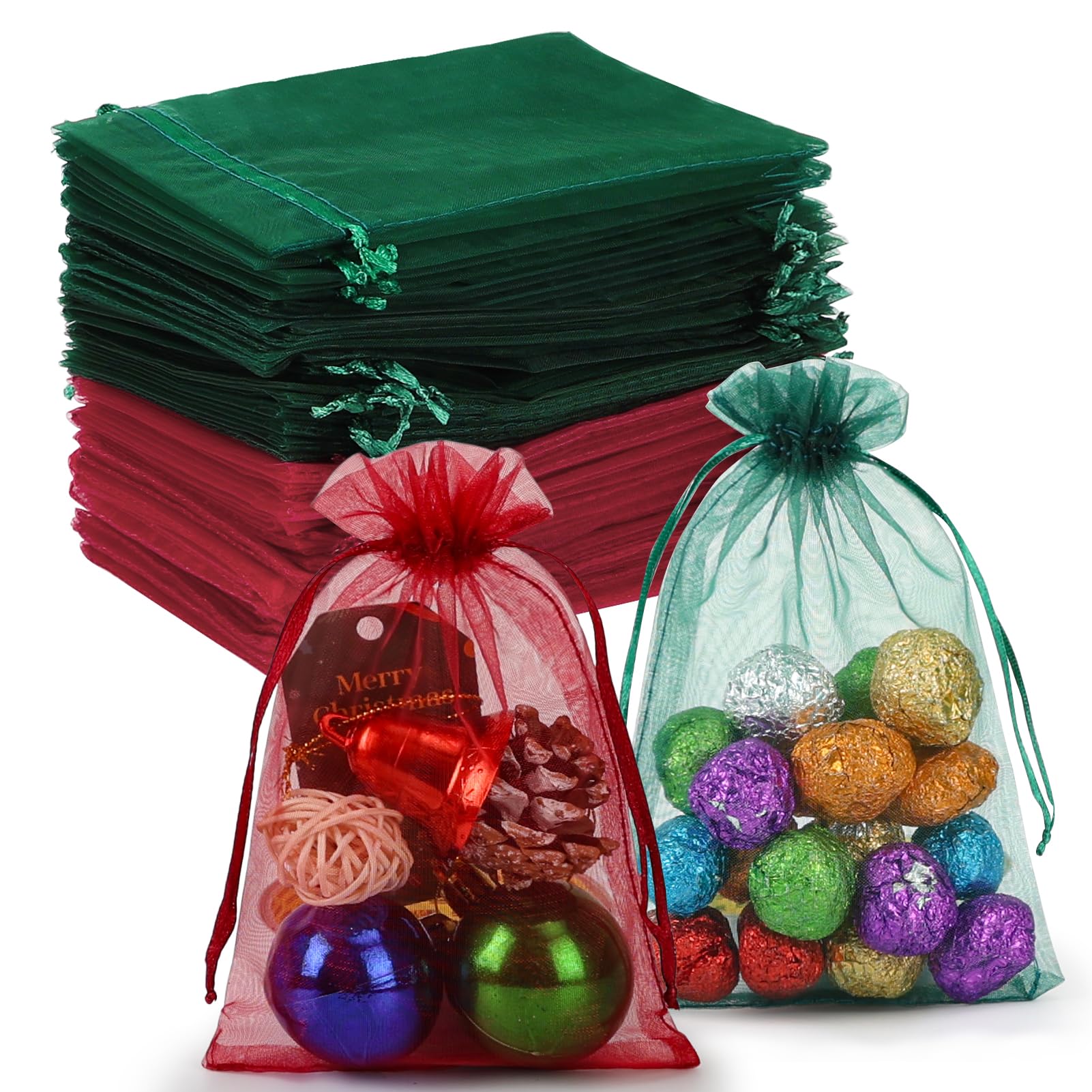 HRX Package 100pcs Organza Bags Dark Green &amp; Red, 4x6 inch Small Christmas Gift Bags Mesh Candy Jewelry Pouches