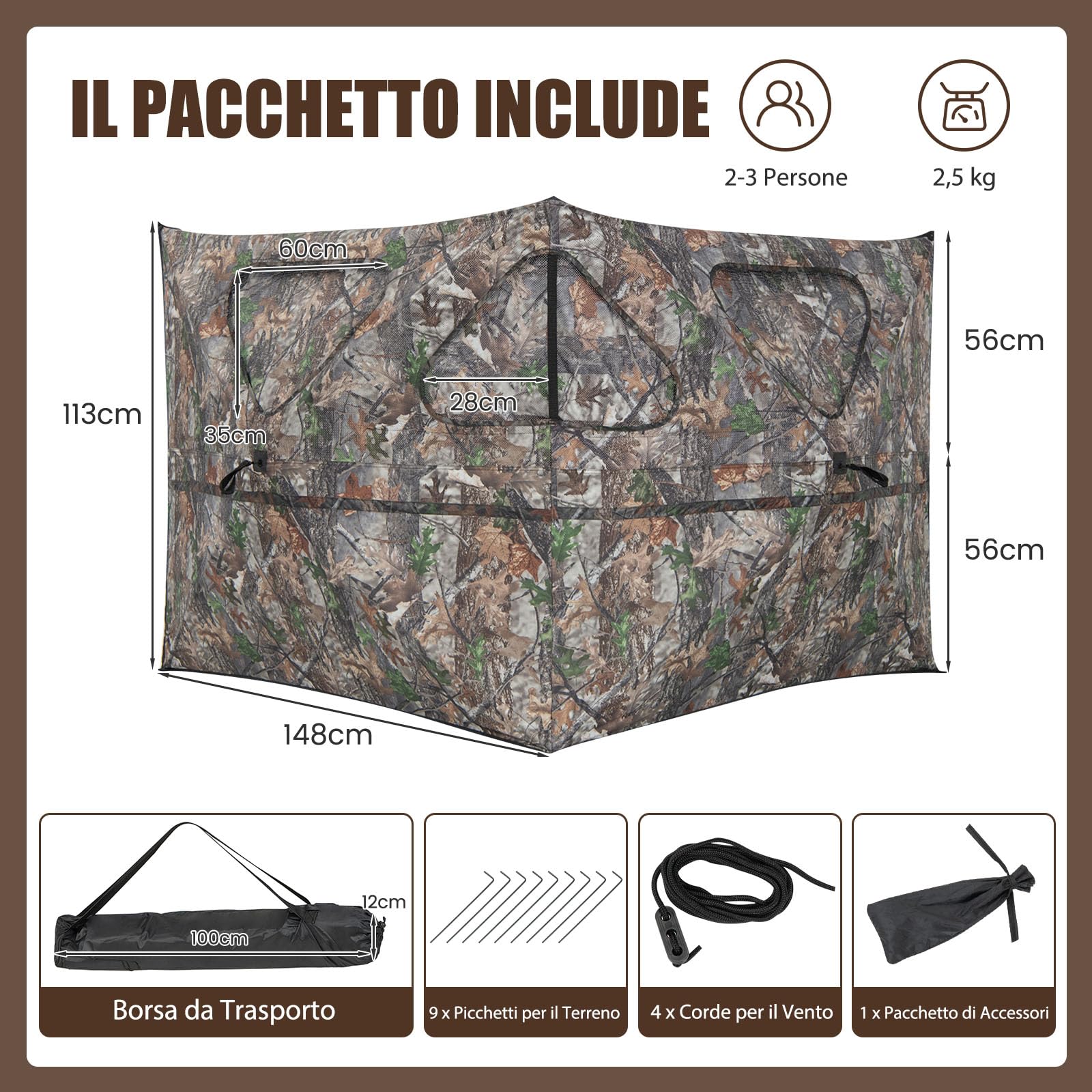 GYMAX Tenda da Caccia, Recinto da Caccia Pieghevole a 2 Pannelli con 3 Aperture per Sparare, Motivi Mimetici, Stabilità in Caso di Vento Forte, Recinzione da Caccia, 148 x 148 x 113 cm